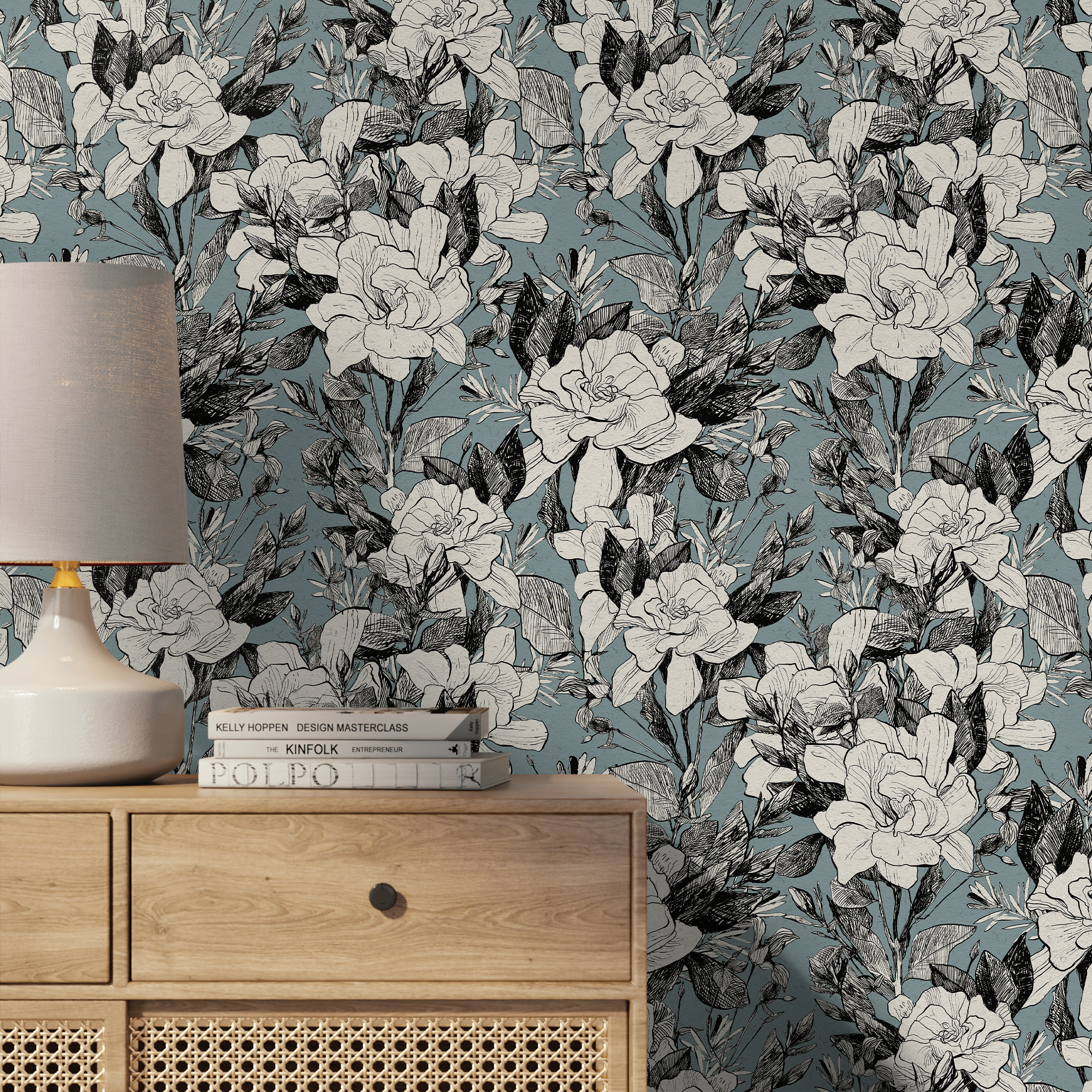 Floral Wallpaper With Sketched Gardenias In Blue, Black, And White - A786