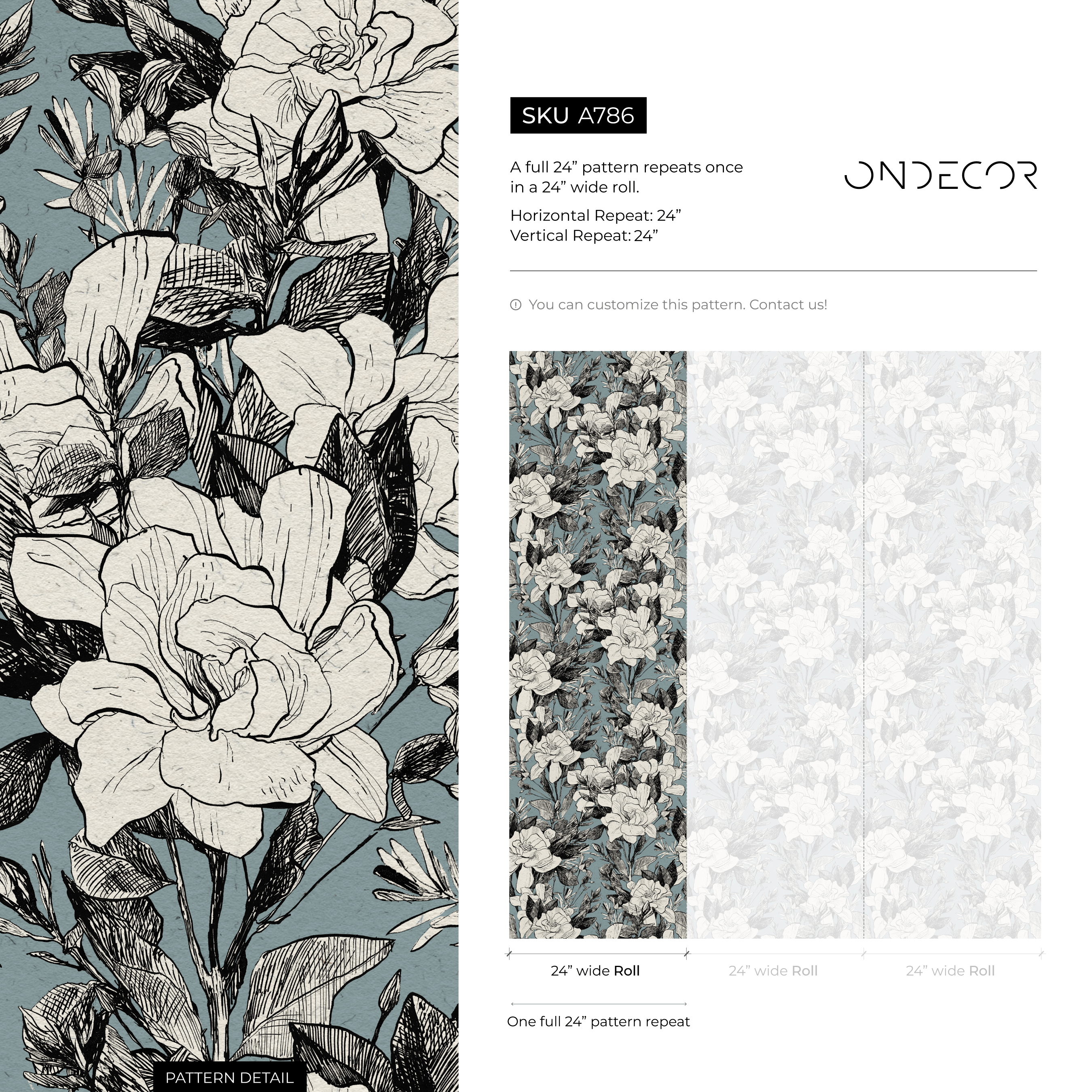 Floral Wallpaper With Sketched Gardenias In Blue, Black, And White - A786