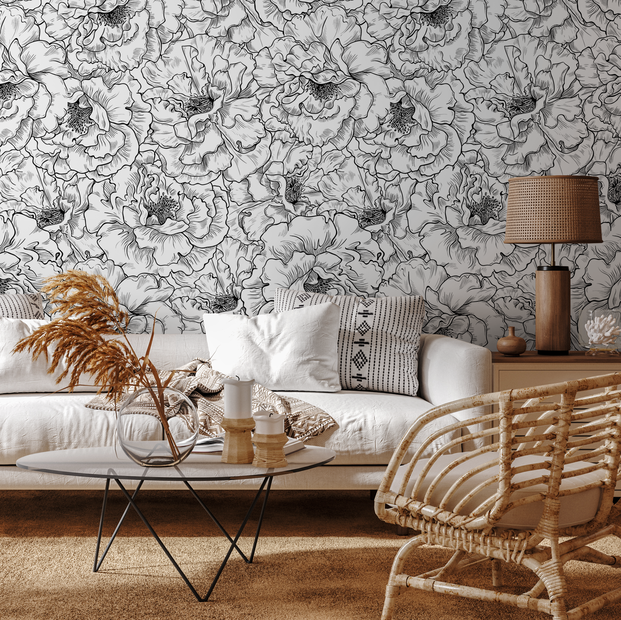Floral Wallpaper With Hand-drawn Peonies In Black And White - A788
