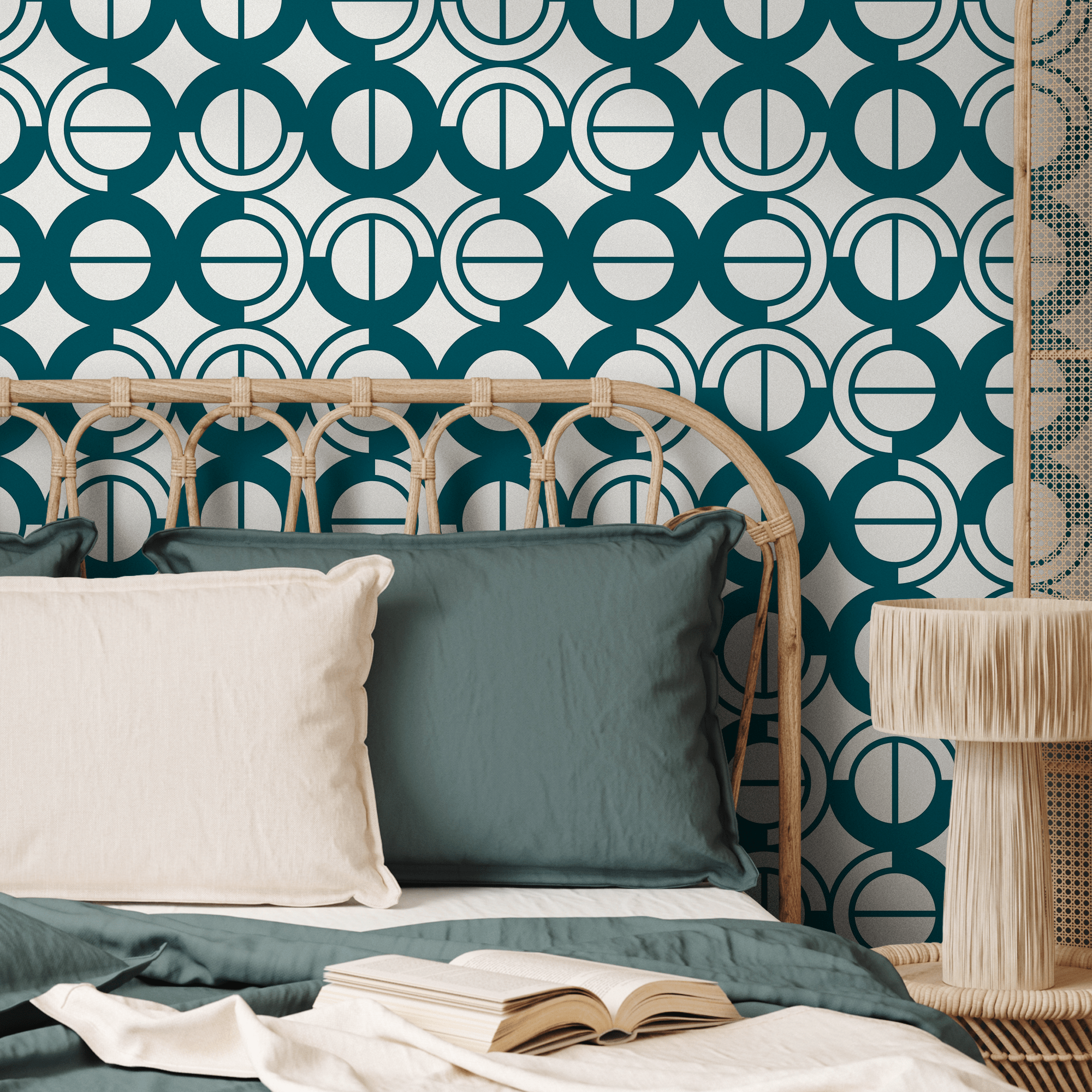 Art Deco Wallpaper With A Geometric Circle Motif In Teal And White - A795