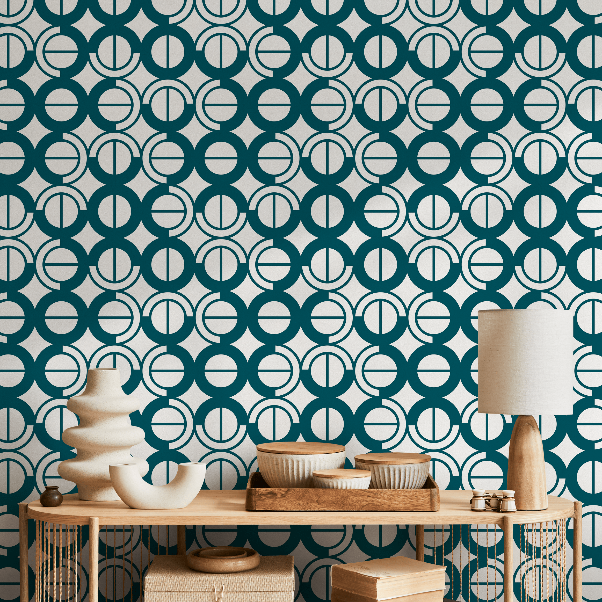 Art Deco Wallpaper With A Geometric Circle Motif In Teal And White - A795