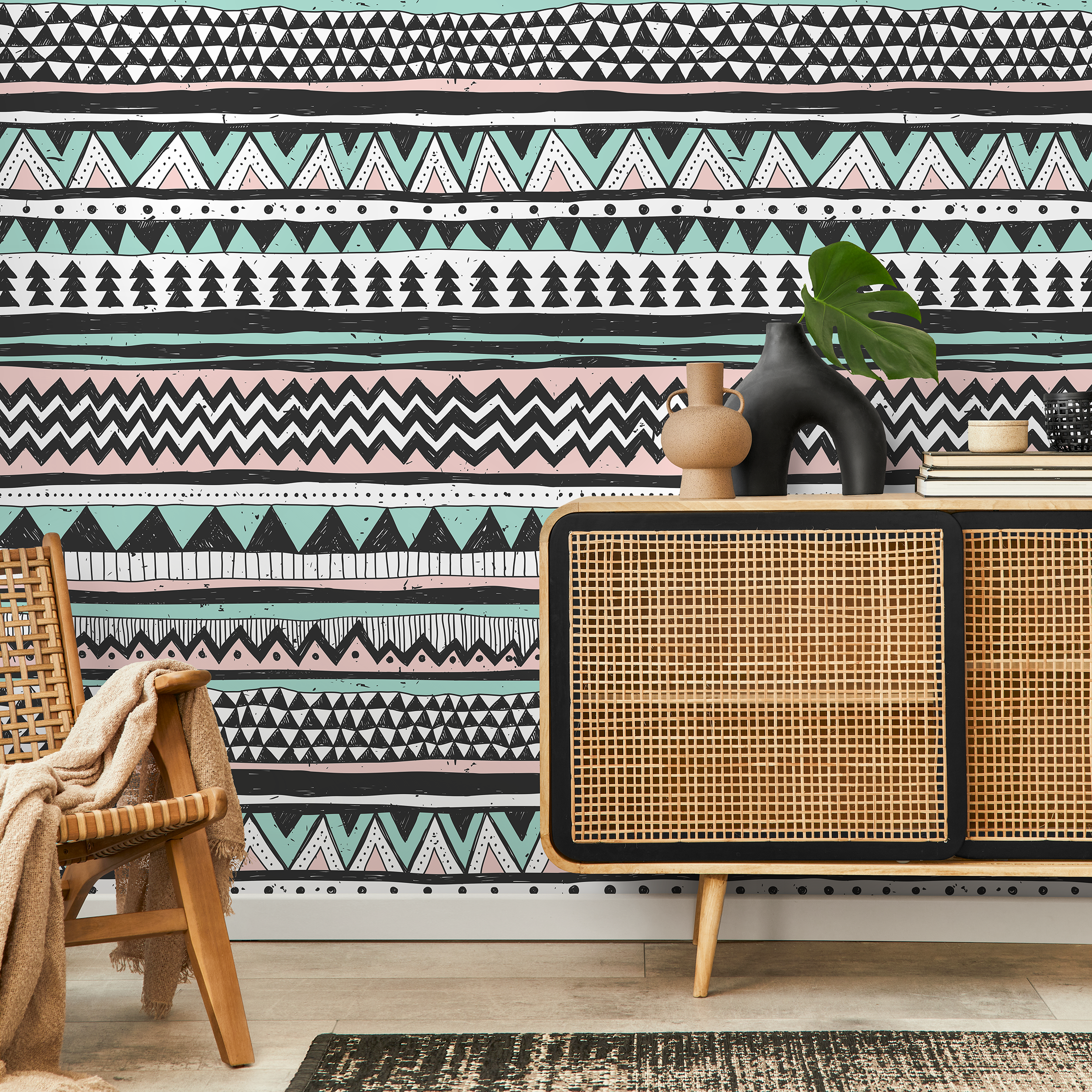Tribal Wallpaper With Hand-drawn Scandi Stripes In Black, Pink, And Mint Green - A819