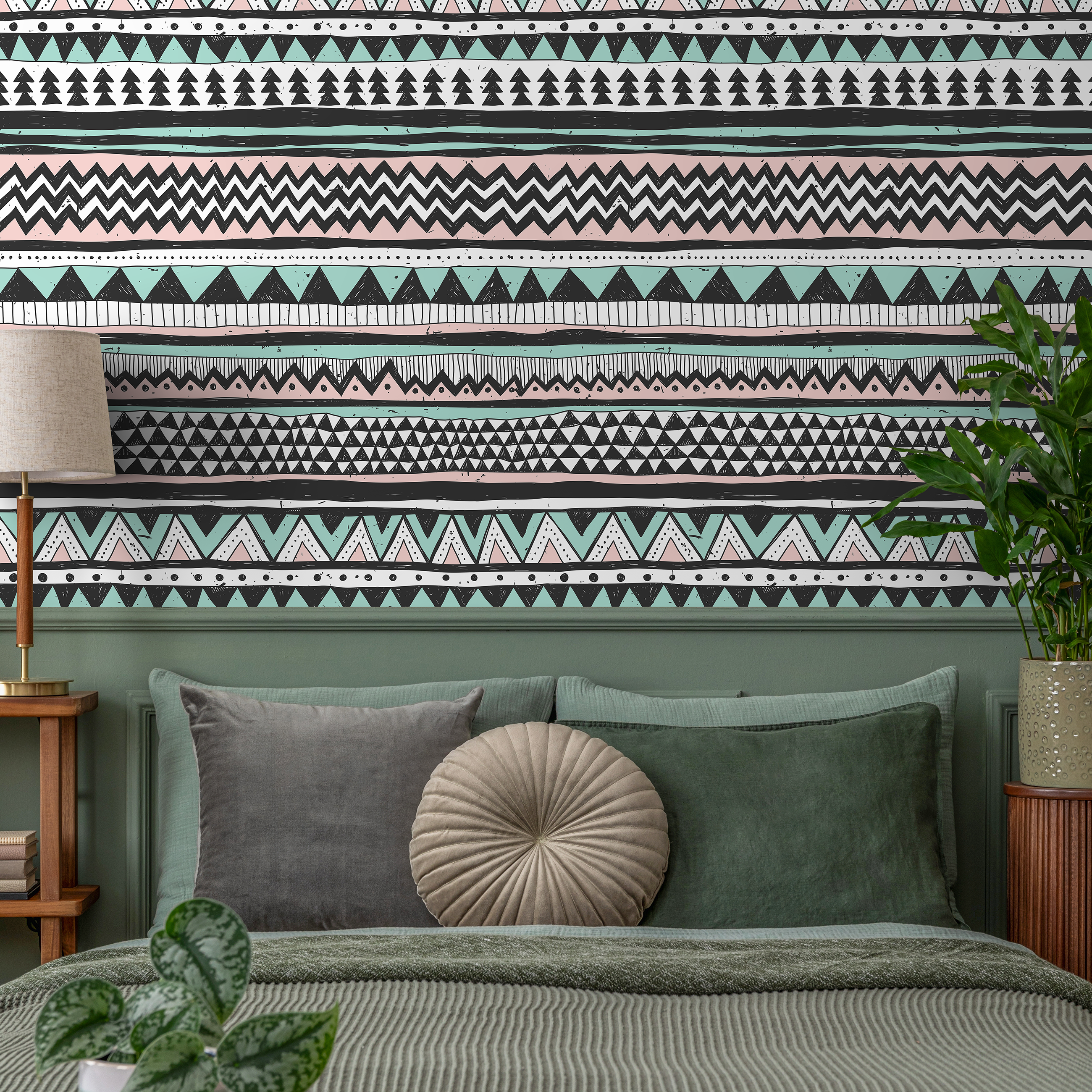 Tribal Wallpaper With Hand-drawn Scandi Stripes In Black, Pink, And Mint Green - A819