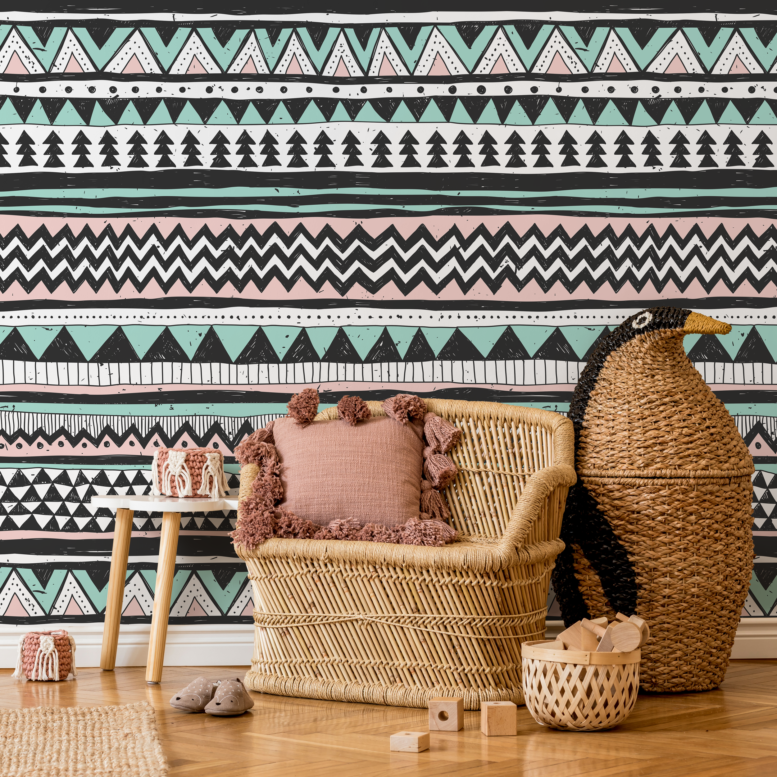 Tribal Wallpaper With Hand-drawn Scandi Stripes In Black, Pink, And Mint Green - A819