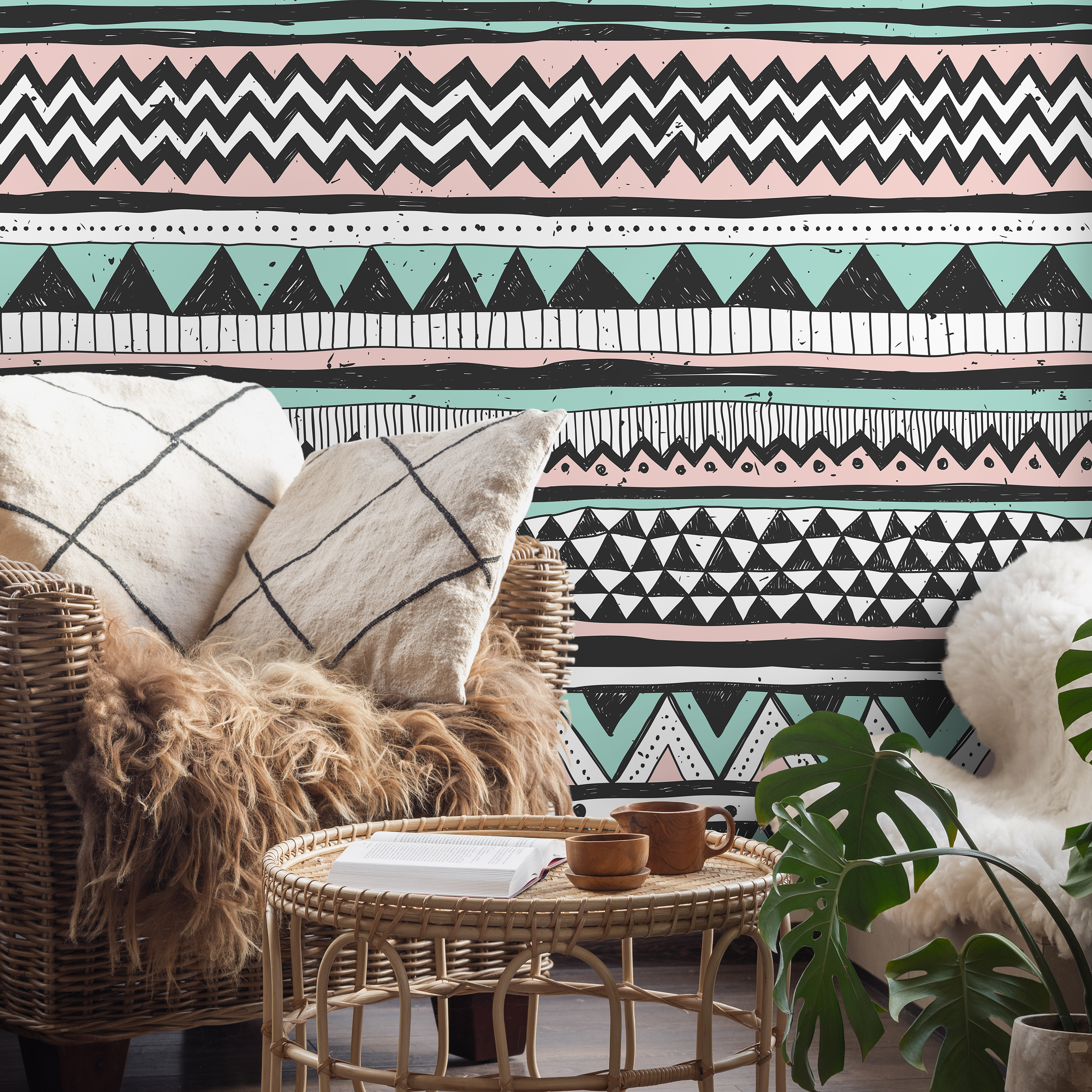 Tribal Wallpaper With Hand-drawn Scandi Stripes In Black, Pink, And Mint Green - A819