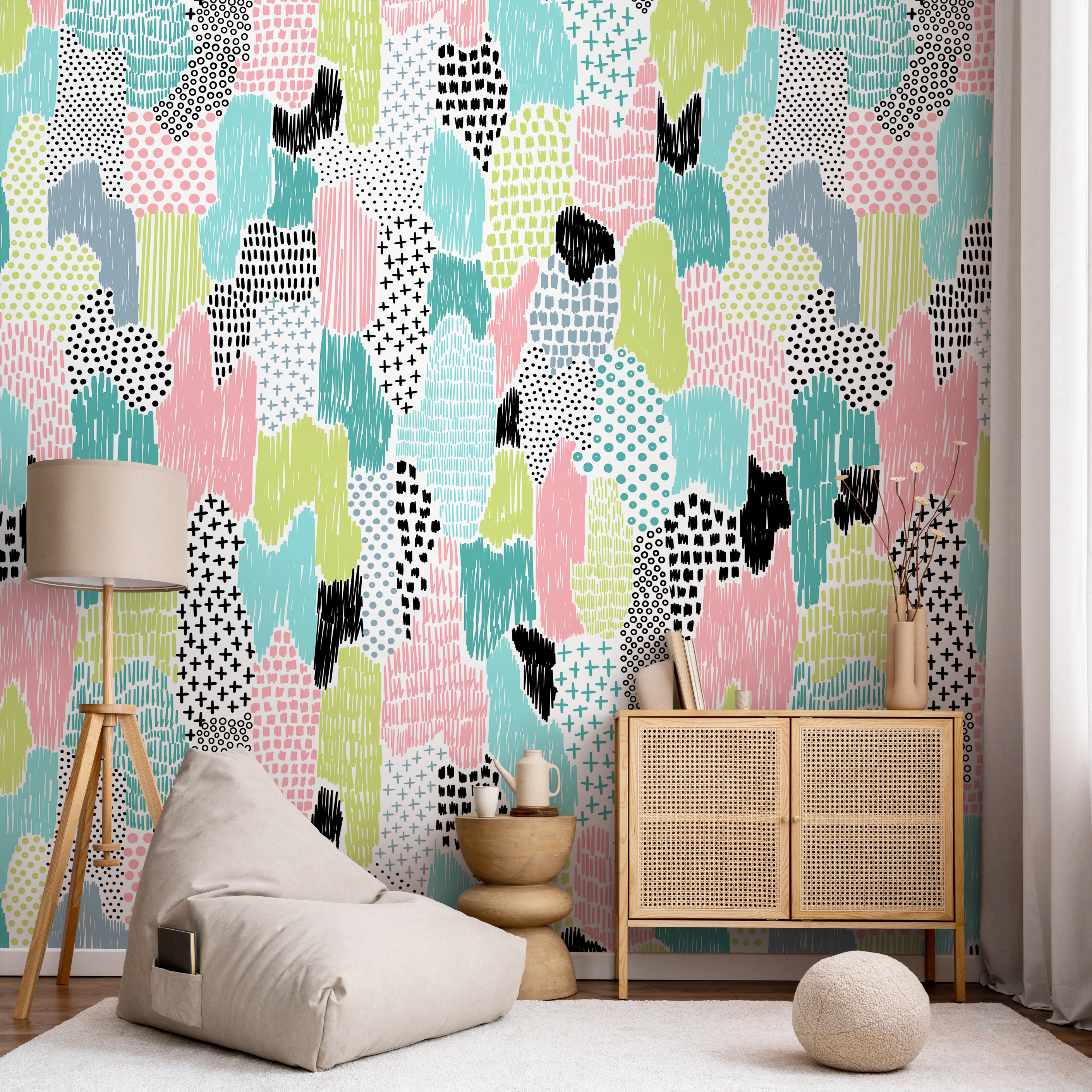 Abstract Wallpaper With Hand-drawn Scribbles In Pink, Blue, Green, And Black - A822