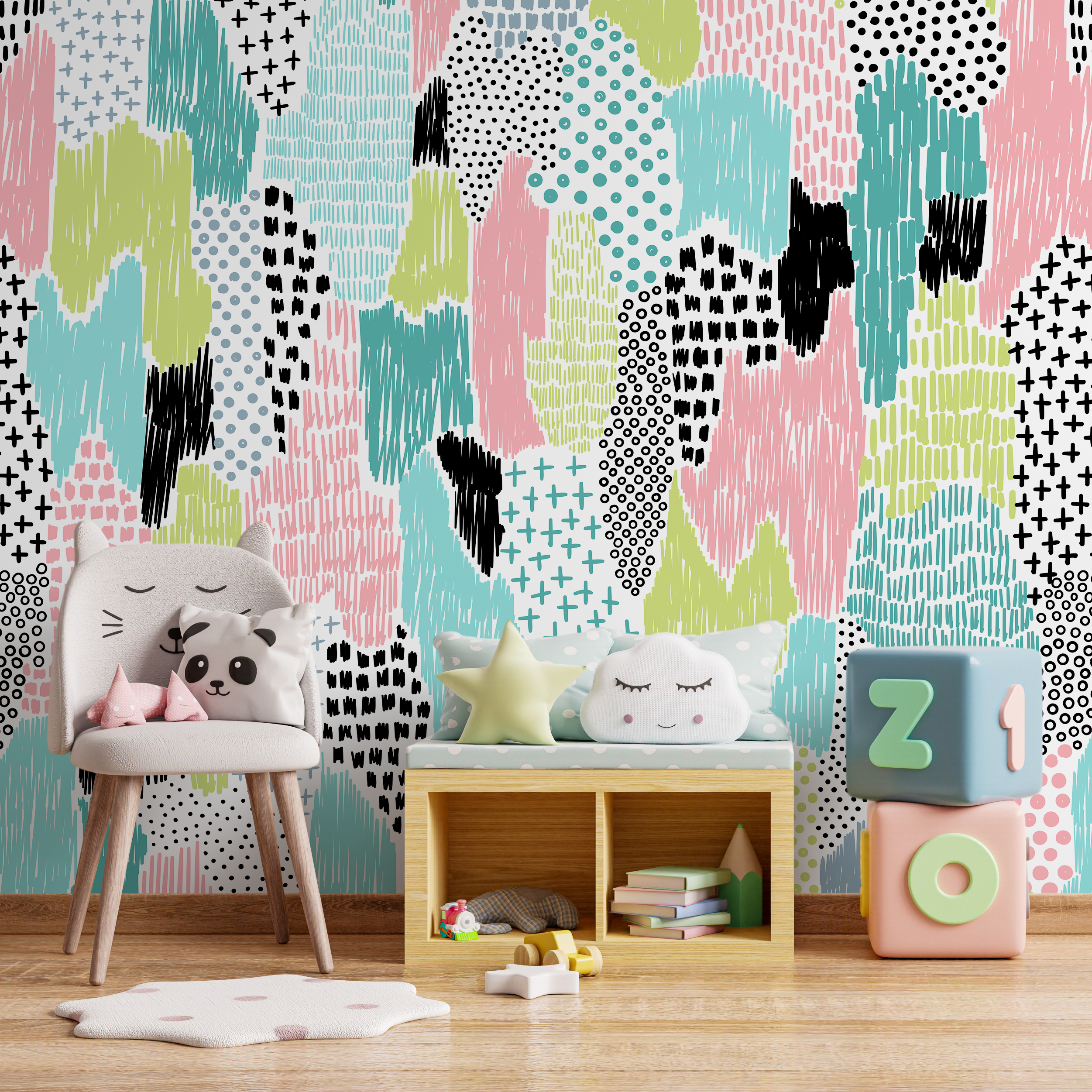 Abstract Wallpaper With Hand-drawn Scribbles In Pink, Blue, Green, And Black - A822