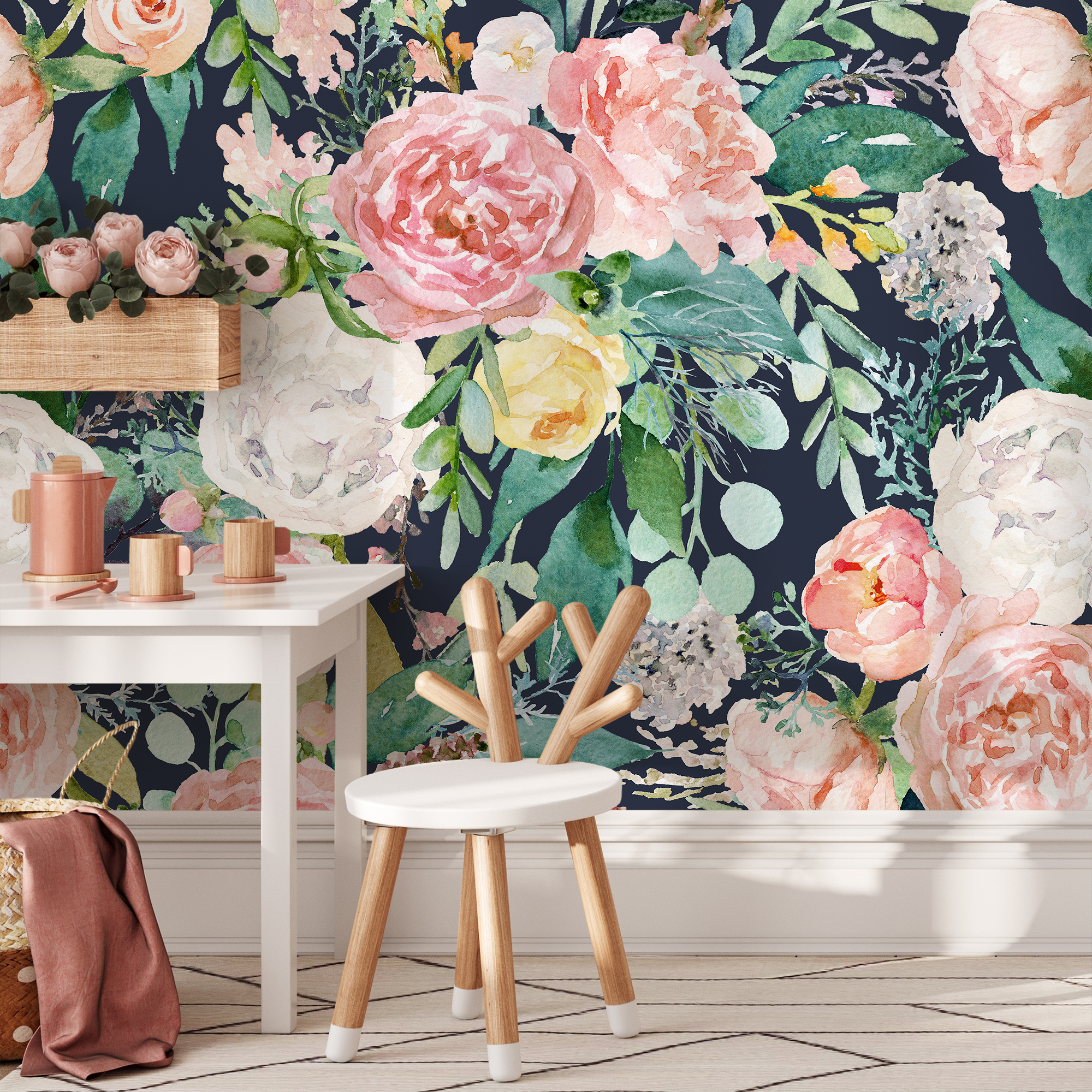 Floral Wallpaper Featuring Watercolor Peonies In Pink, Green, And Yellow - A827