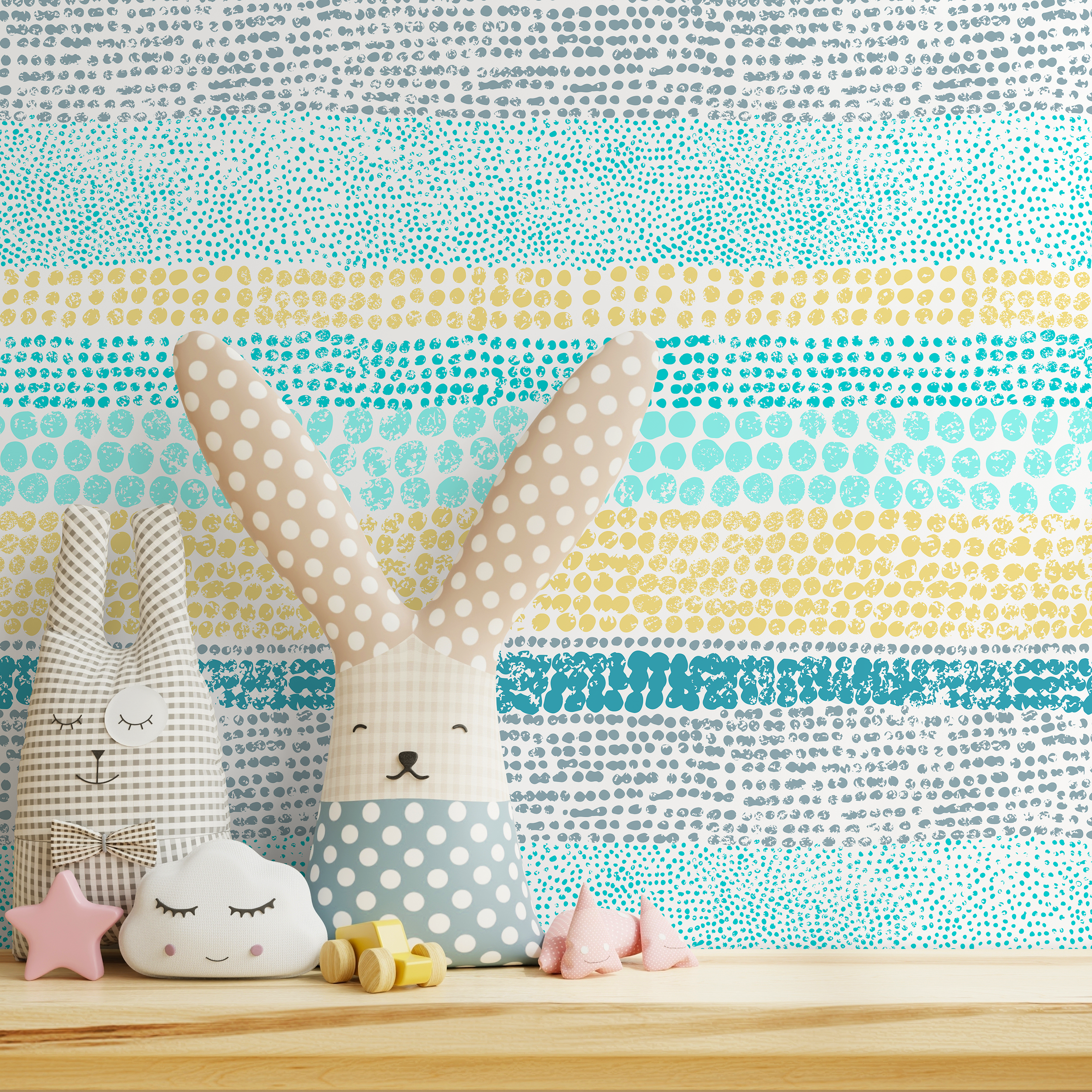 Scandinavian Wallpaper With A Striped Dot Motif In Blue, Yellow, And Gray - A830