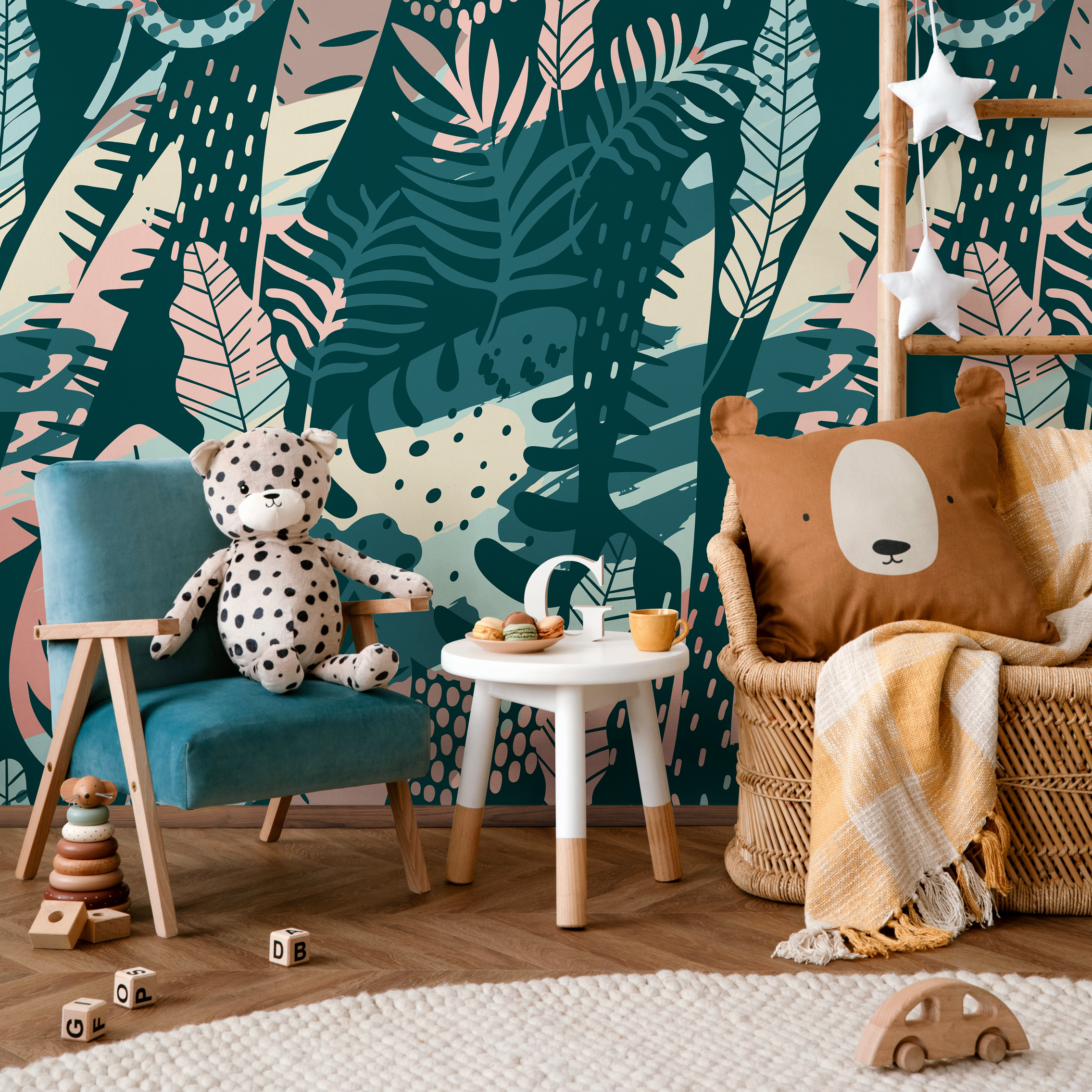 Abstract Jungle Wallpaper With Stylized Leaves In Teal, Pink, And Beige - A832