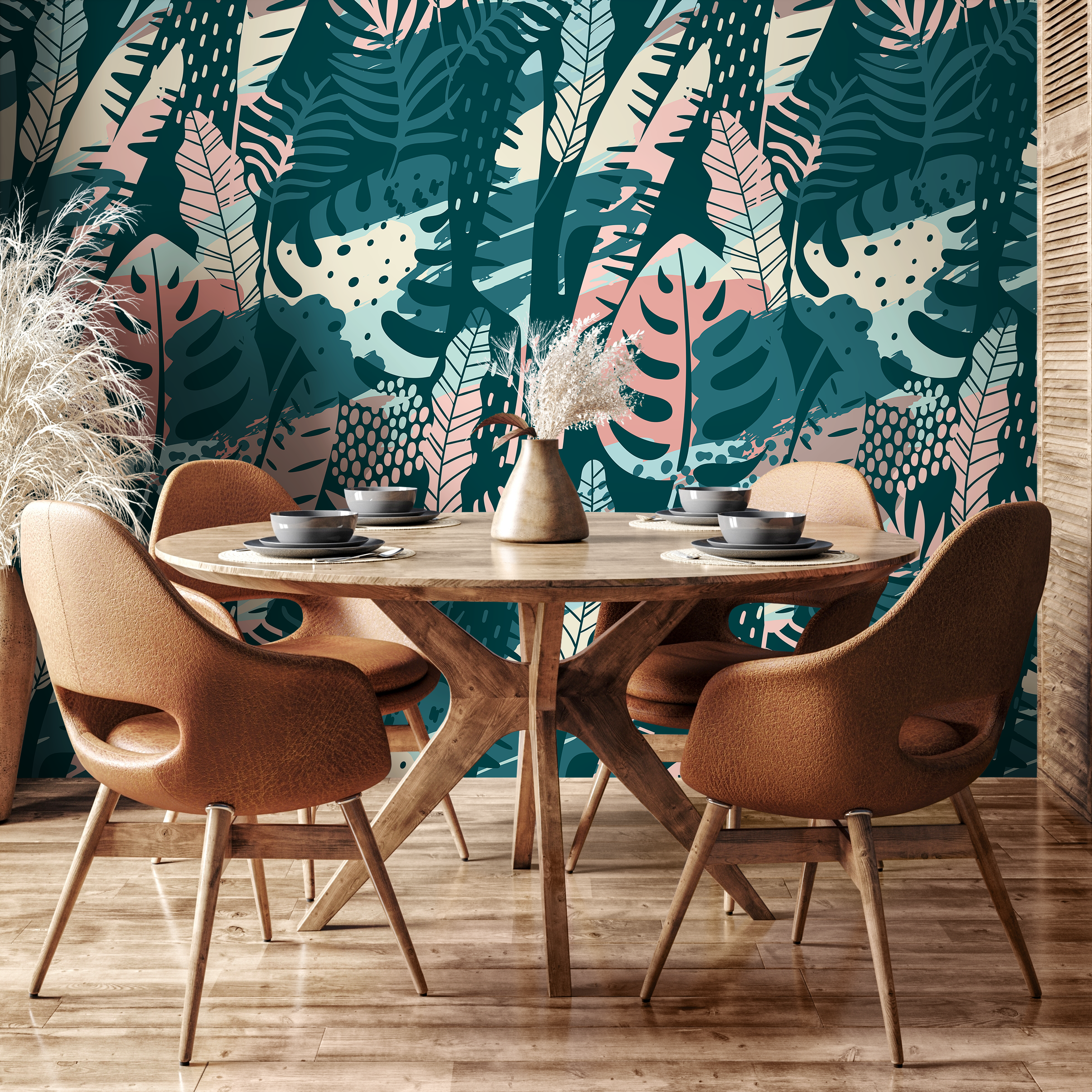 Abstract Jungle Wallpaper With Stylized Leaves In Teal, Pink, And Beige - A832