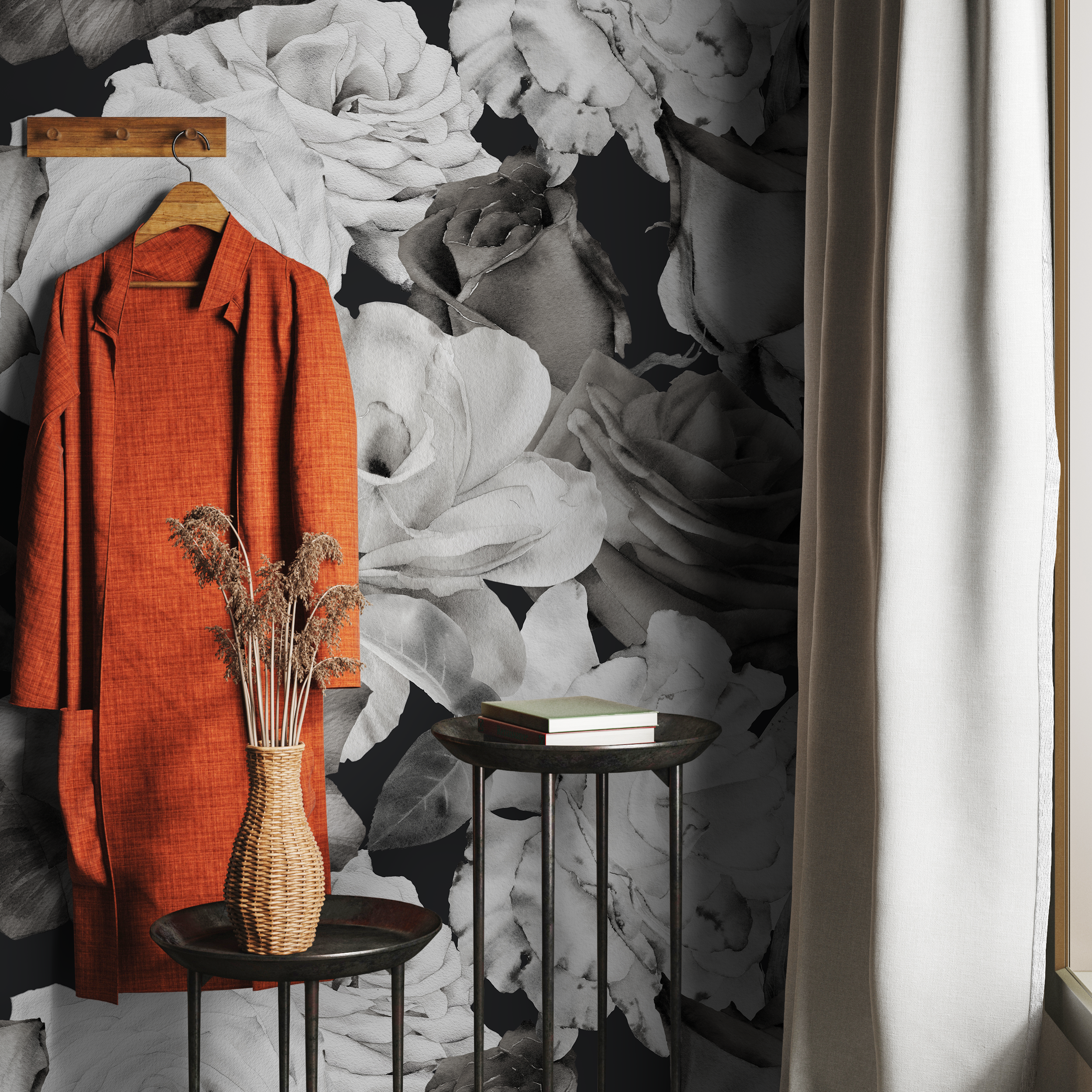 Floral Wallpaper Featuring Moody Vintage Roses In Black And White - A838