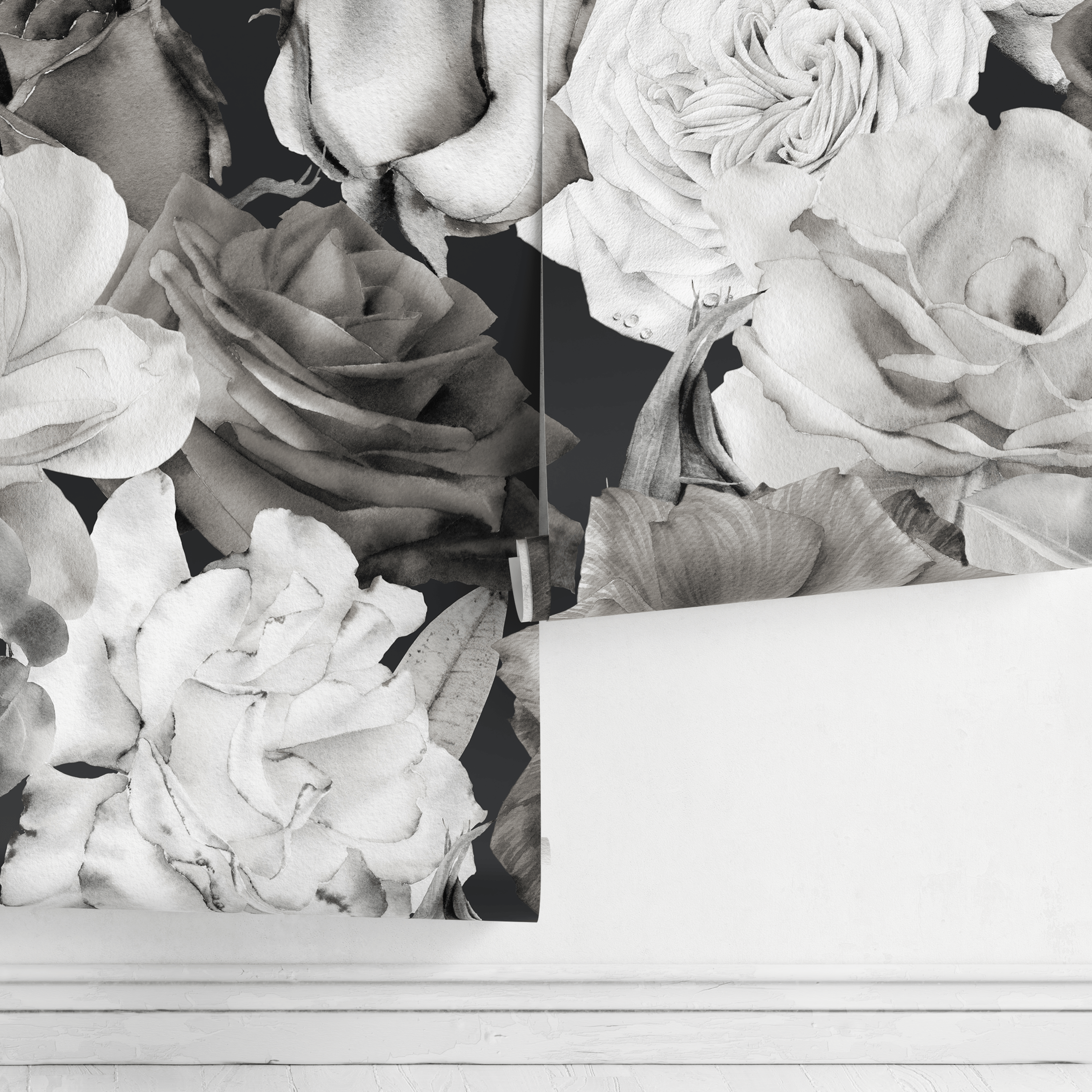 Floral Wallpaper Featuring Moody Vintage Roses In Black And White - A838