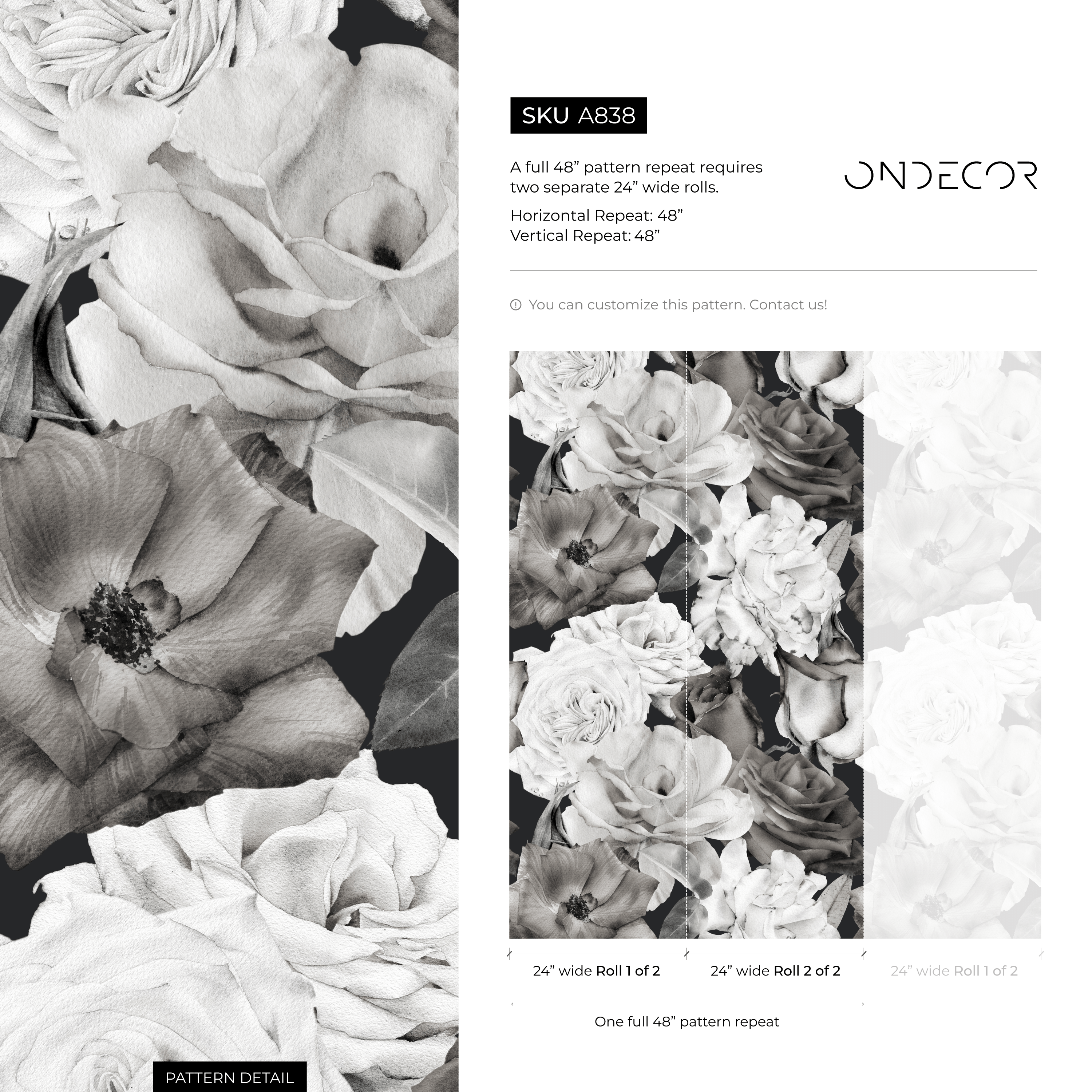 Floral Wallpaper Featuring Moody Vintage Roses In Black And White - A838