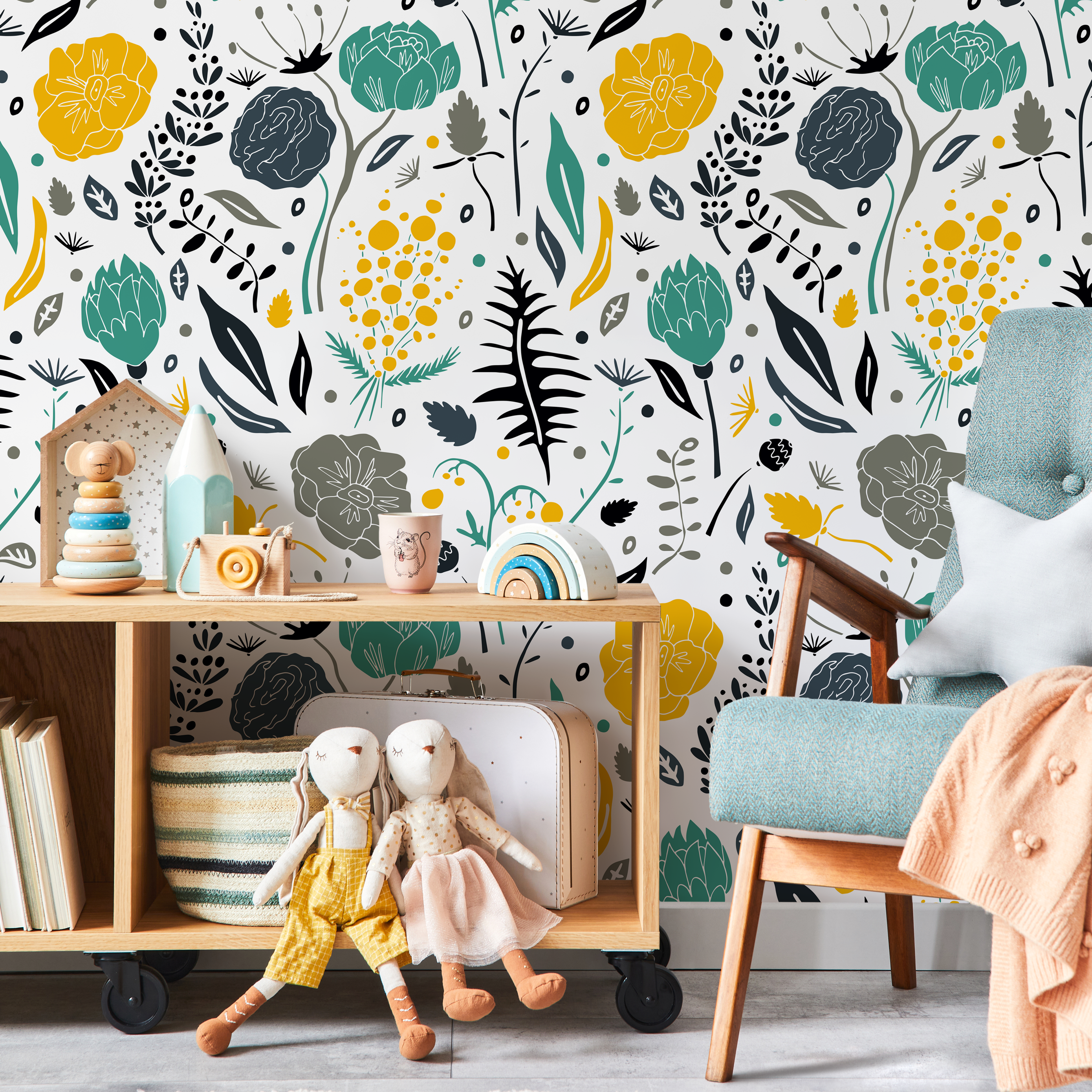 Scandinavian Wallpaper With Stylized Flowers In Yellow, Teal, And Gray - A861