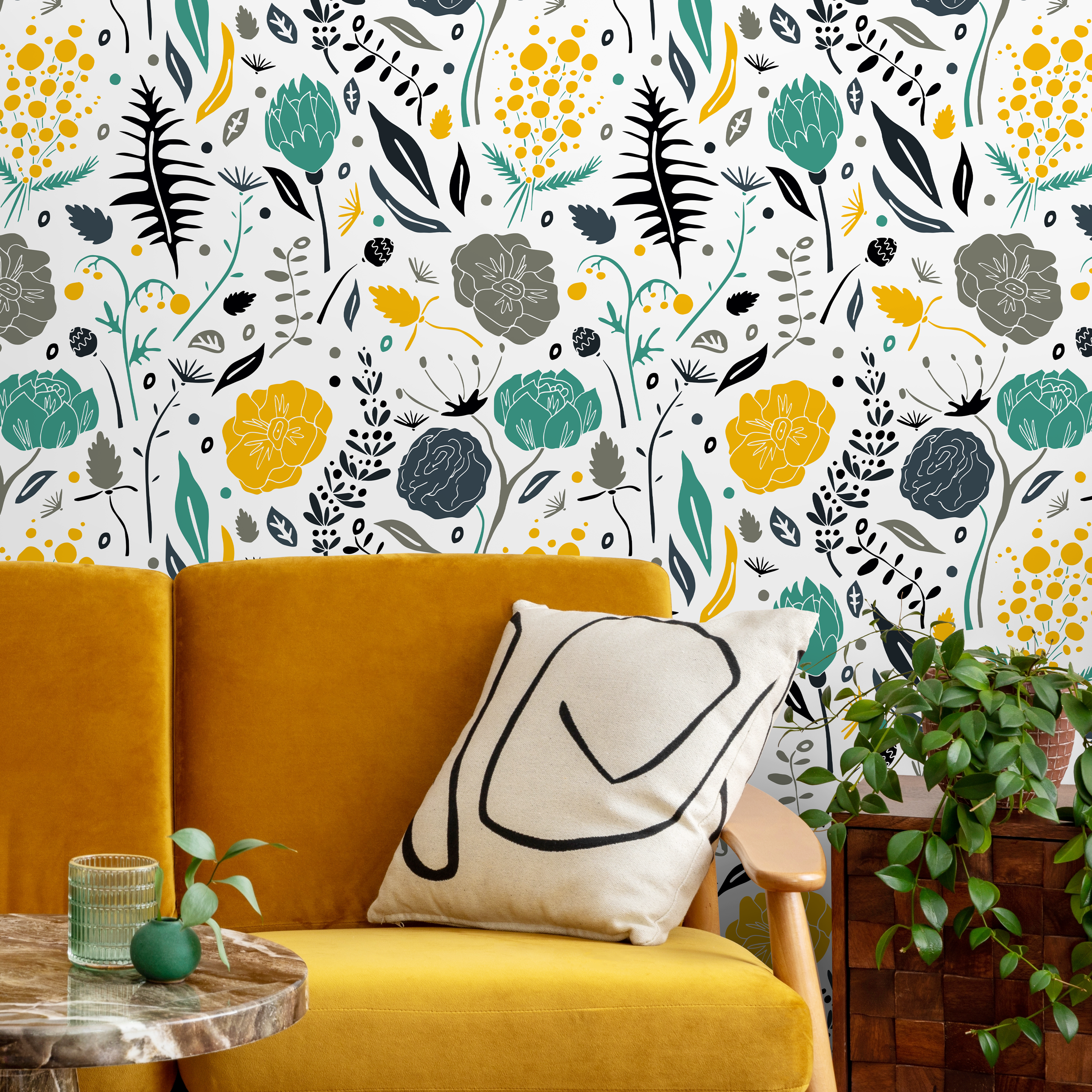 Scandinavian Wallpaper With Stylized Flowers In Yellow, Teal, And Gray - A861