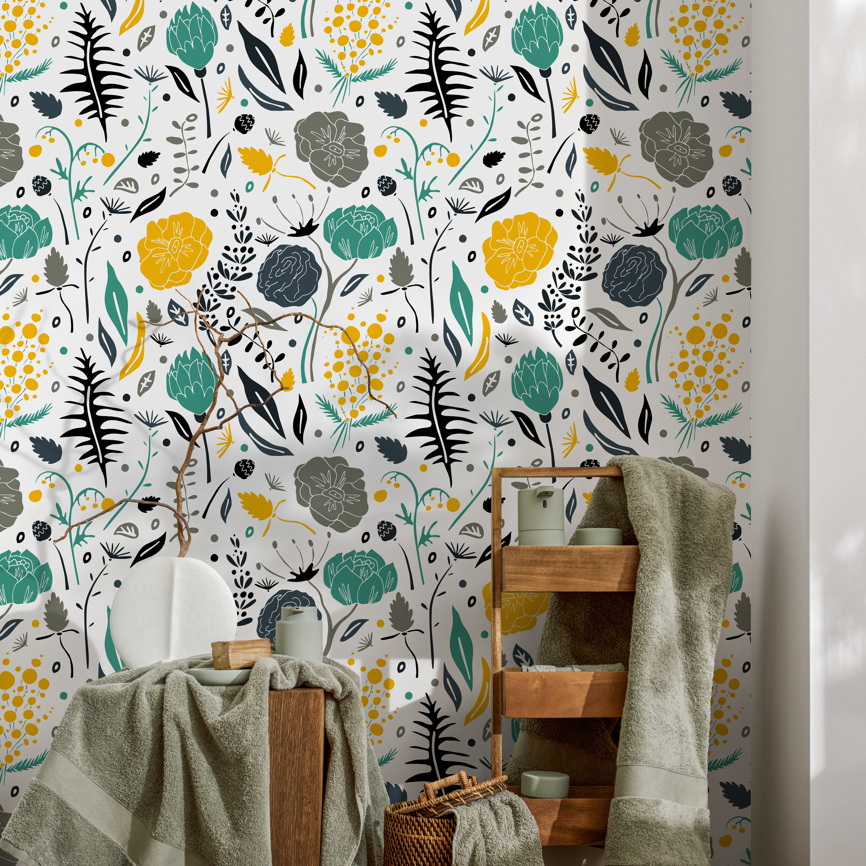 Scandinavian Wallpaper With Stylized Flowers In Yellow, Teal, And Gray - A861