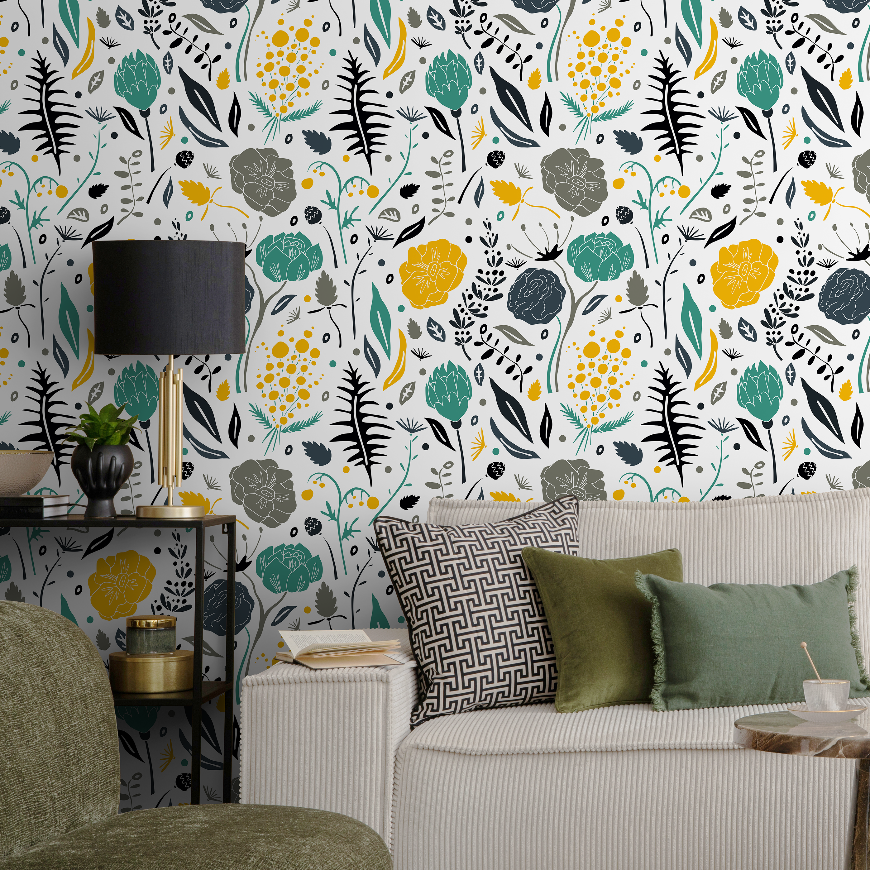 Scandinavian Wallpaper With Stylized Flowers In Yellow, Teal, And Gray - A861