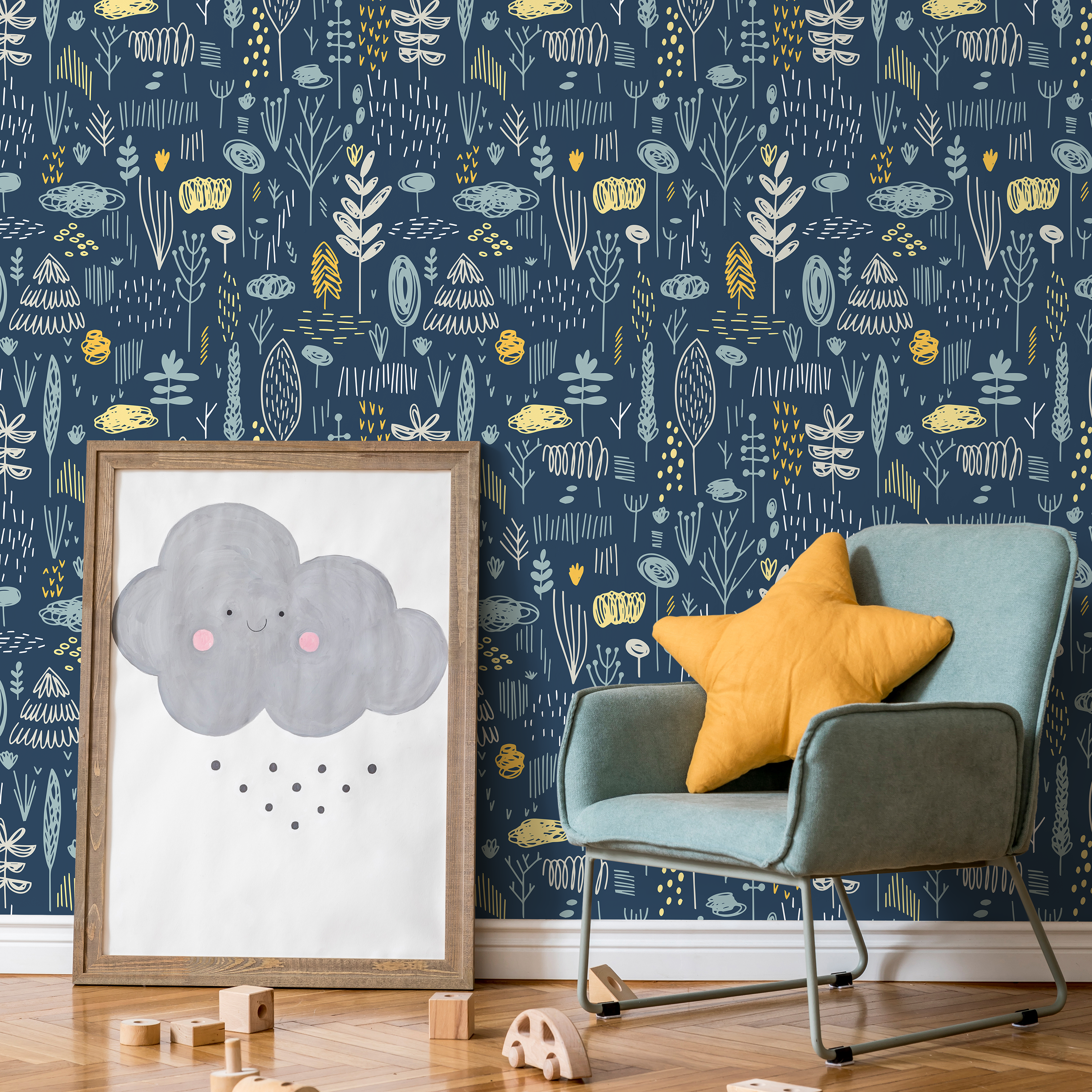 Scandinavian Wallpaper With A Folk Art Forest Motif In Blue And Yellow - A857