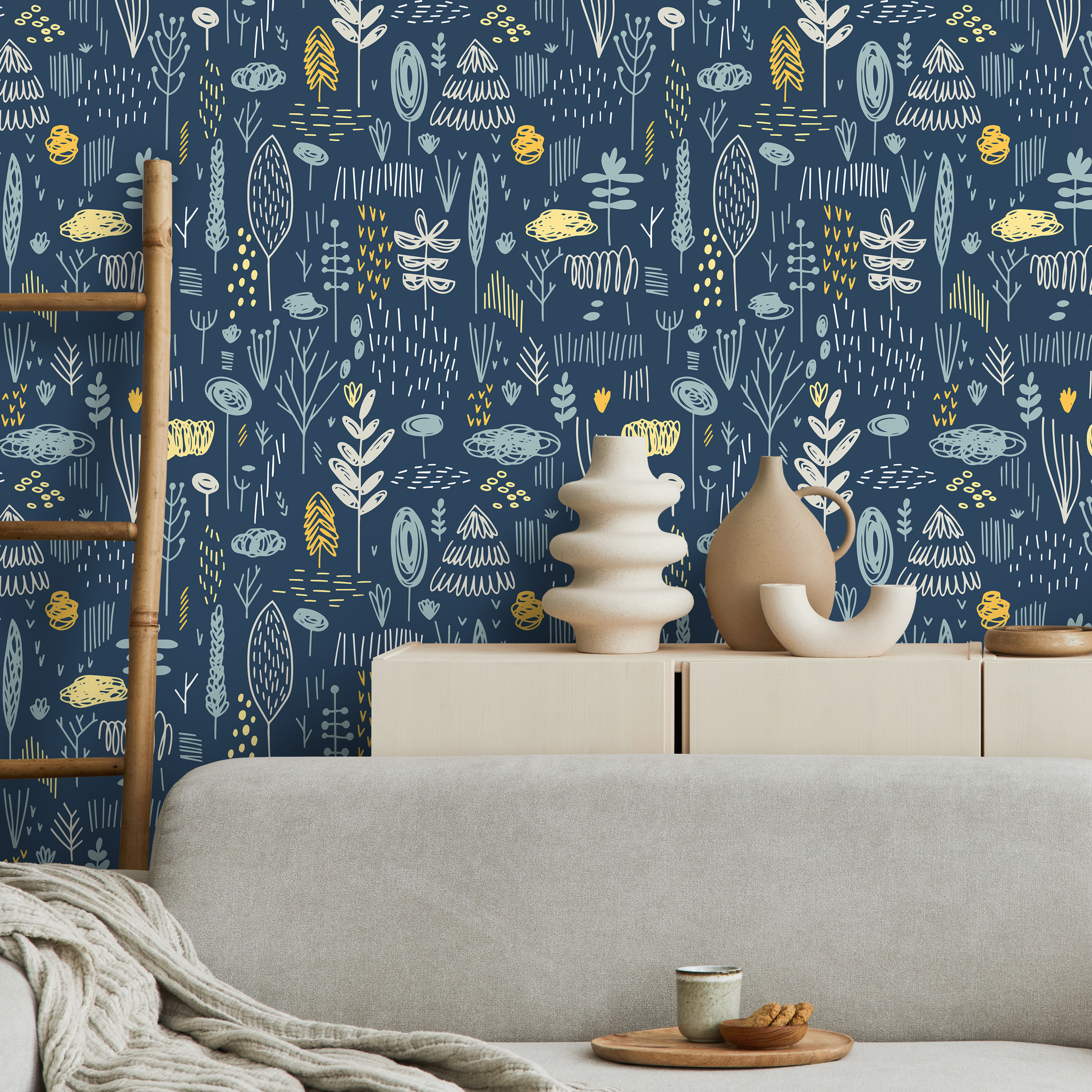Scandinavian Wallpaper With A Folk Art Forest Motif In Blue And Yellow - A857