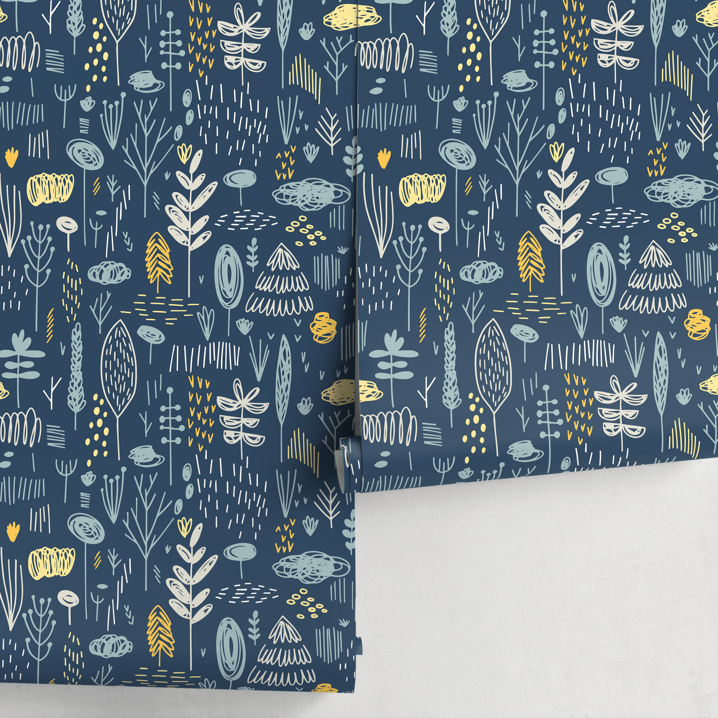 Scandinavian Wallpaper With A Folk Art Forest Motif In Blue And Yellow - A857