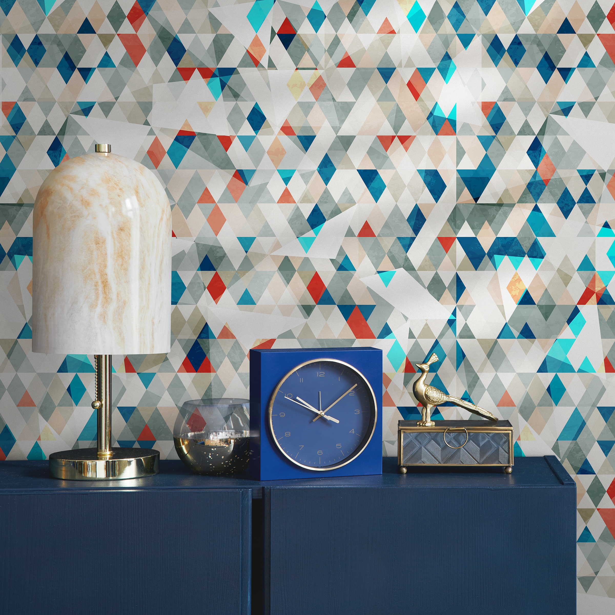 Geometric Wallpaper With A Mosaic Of Triangles In Blue, Red, And Gray - A858