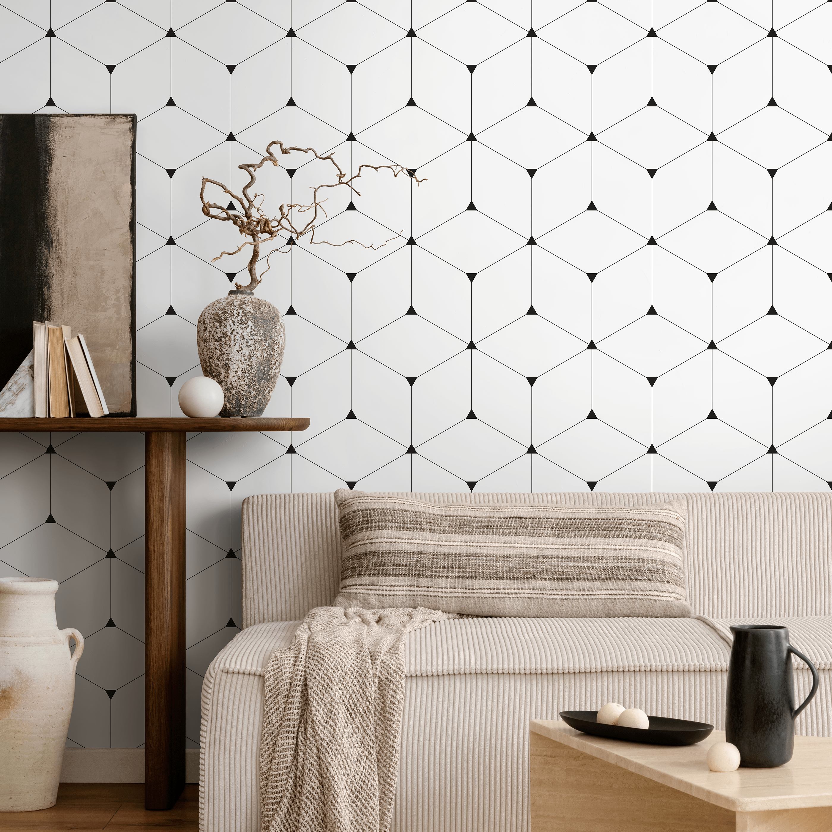 Geometric Wallpaper With A Repeating Cube Motif In Black And White - A862