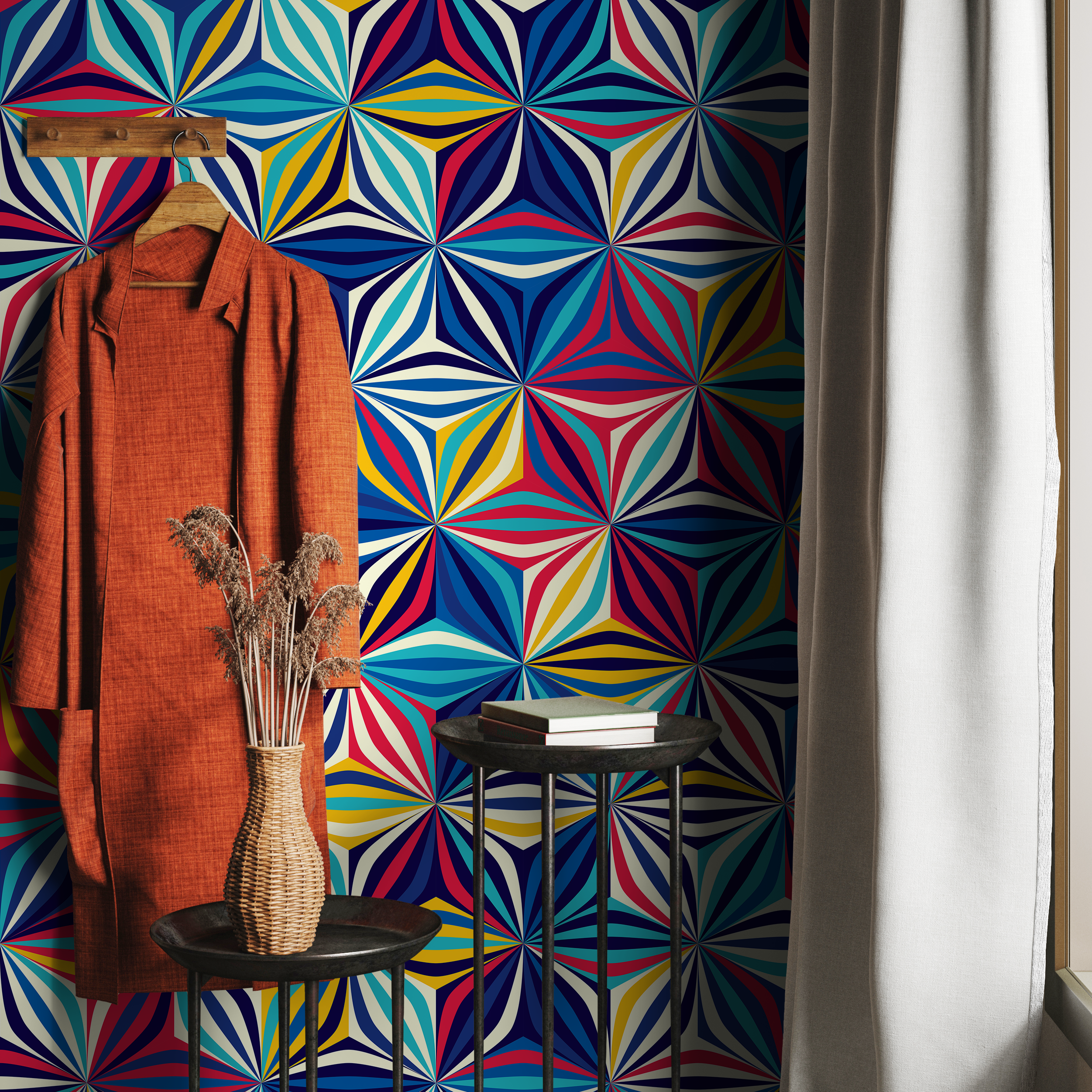 Geometric Wallpaper With A Kaleidoscopic Motif In Blue, Red, And Yellow - A865