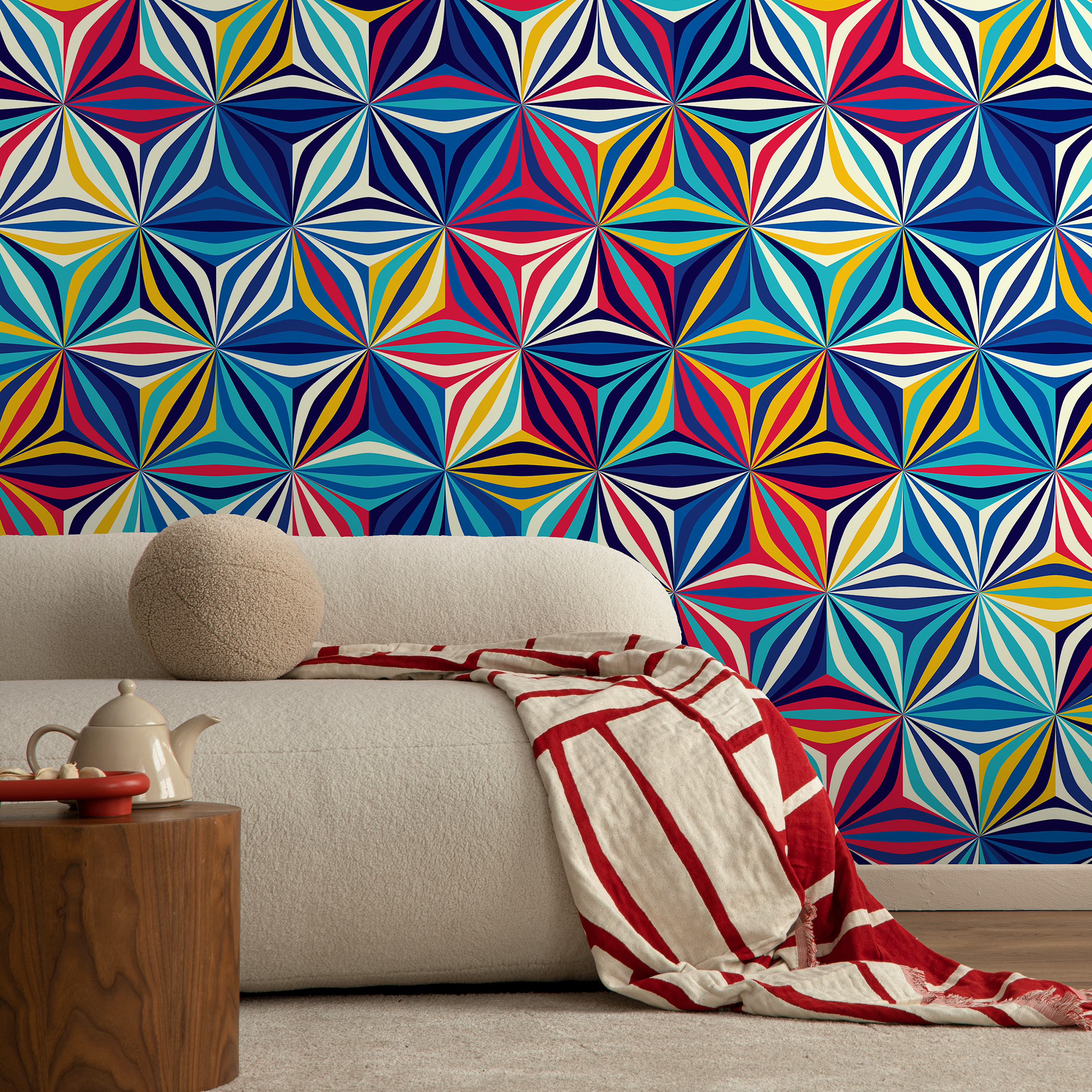 Geometric Wallpaper With A Kaleidoscopic Motif In Blue, Red, And Yellow - A865