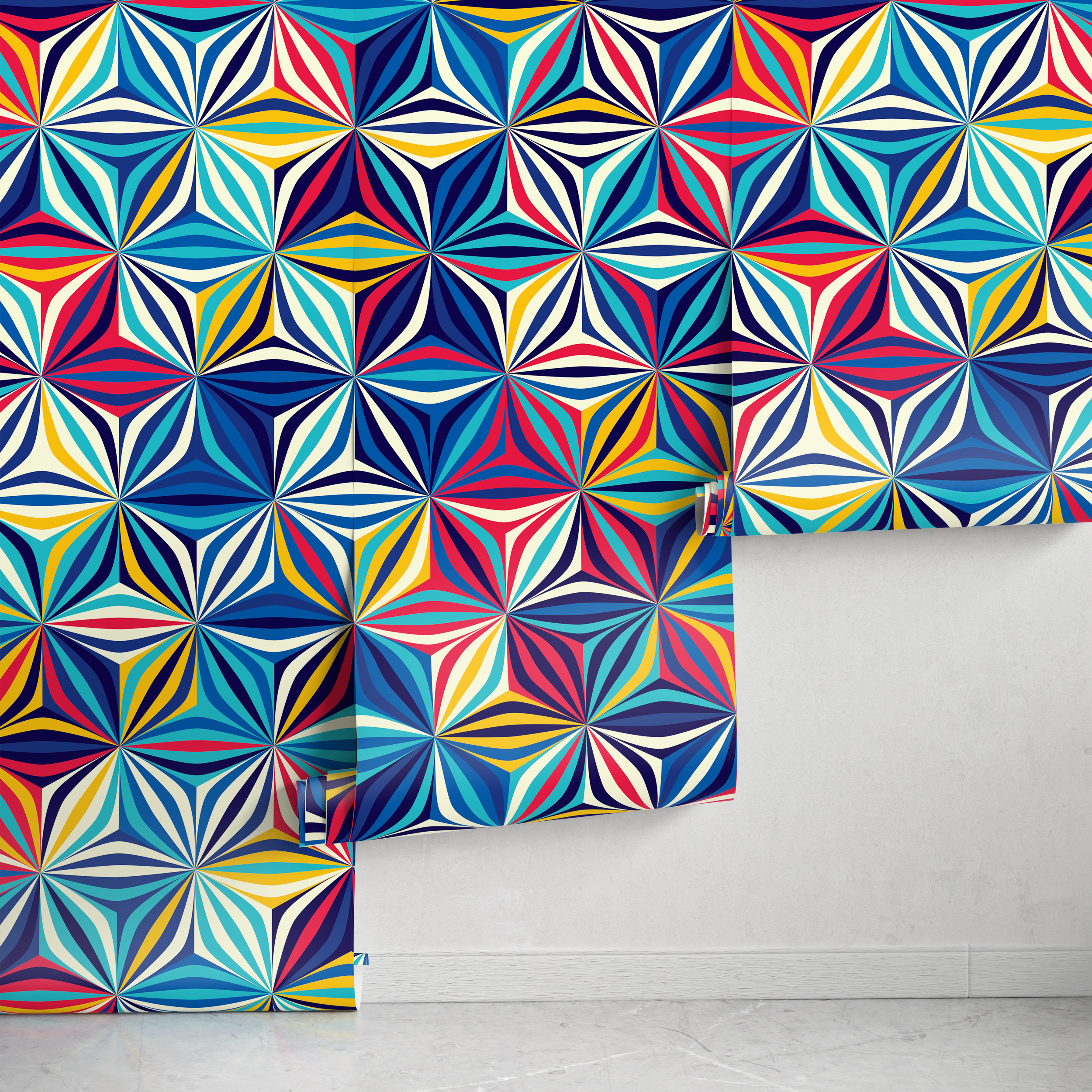 Geometric Wallpaper With A Kaleidoscopic Motif In Blue, Red, And Yellow - A865