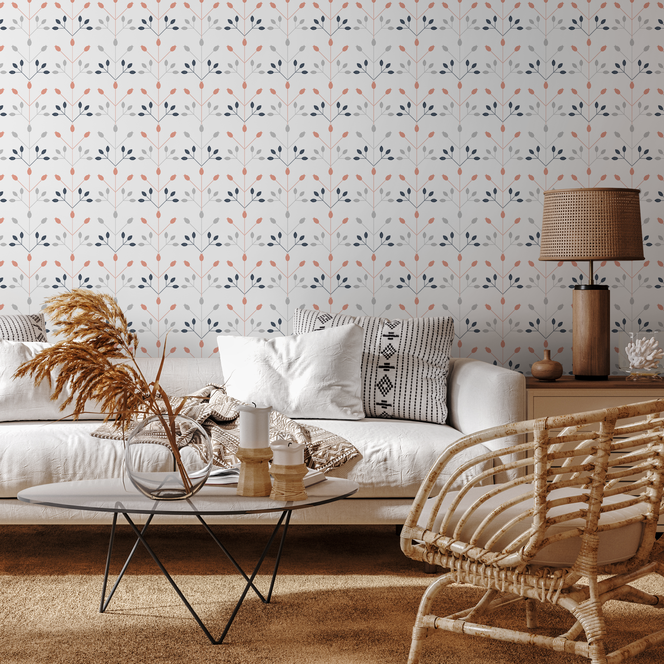 Scandinavian Wallpaper With A Geometric Floral Motif In Coral, Blue, And Gray - A873