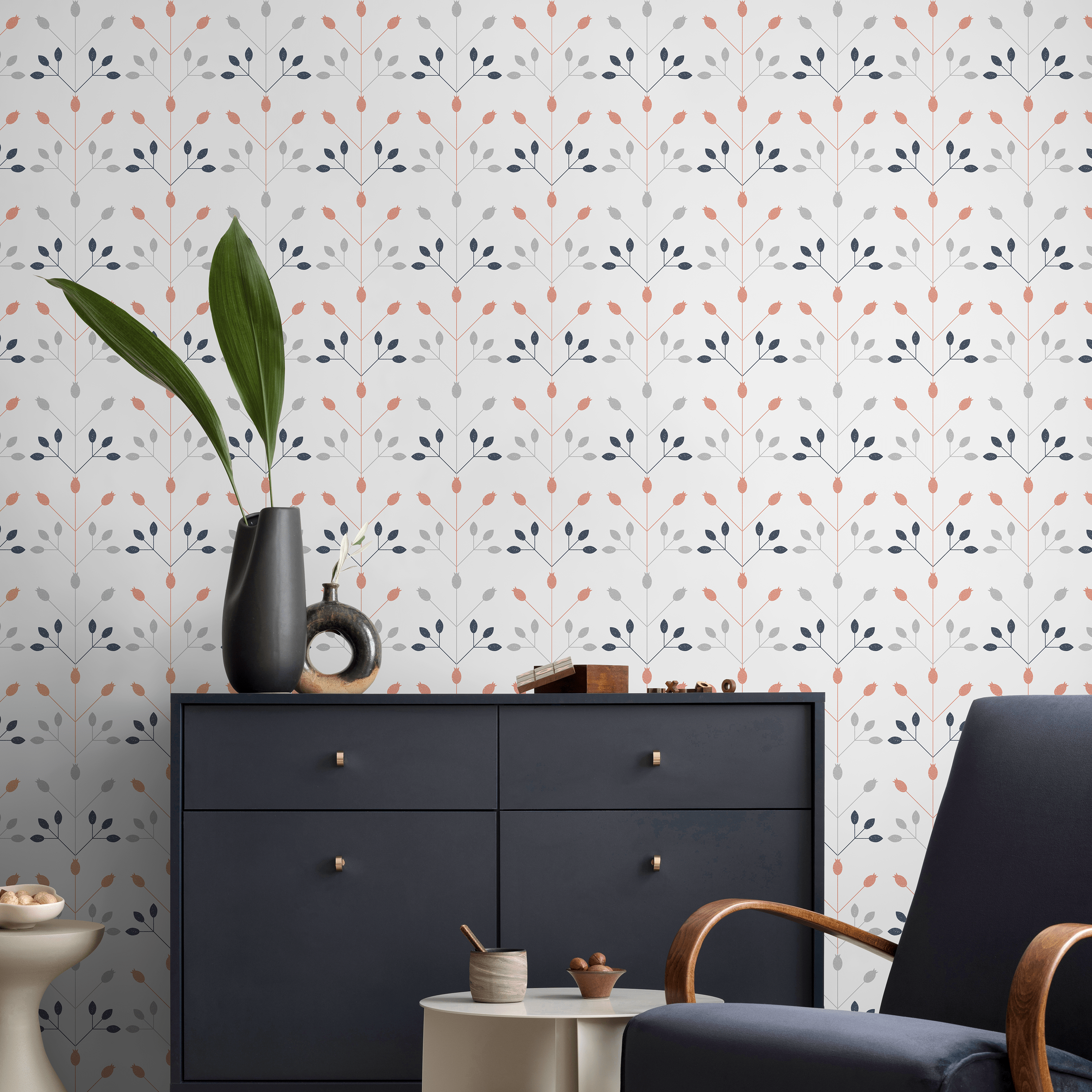 Scandinavian Wallpaper With A Geometric Floral Motif In Coral, Blue, And Gray - A873