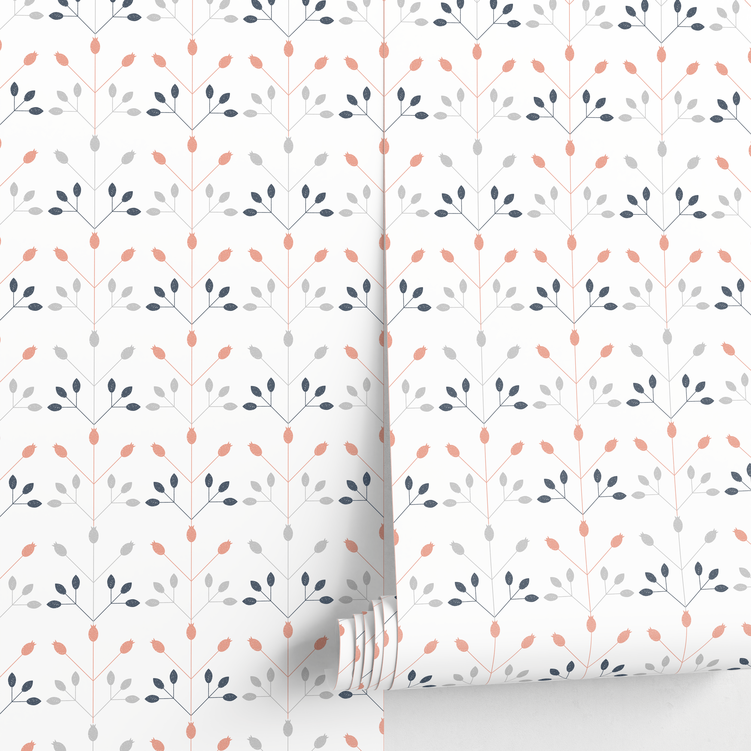 Scandinavian Wallpaper With A Geometric Floral Motif In Coral, Blue, And Gray - A873