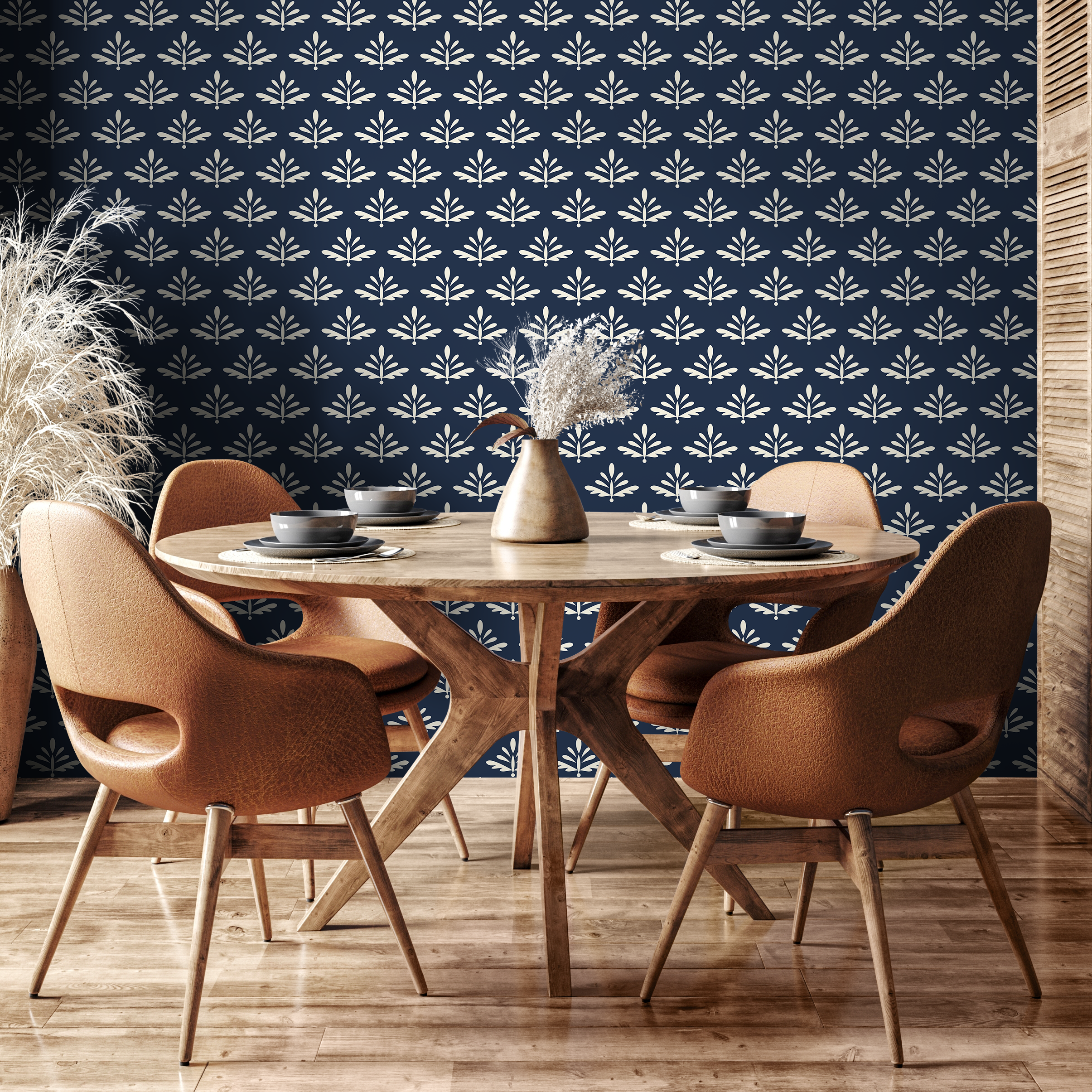Botanical Wallpaper With A Stylized Foliage Motif In Navy Blue And Cream - A874