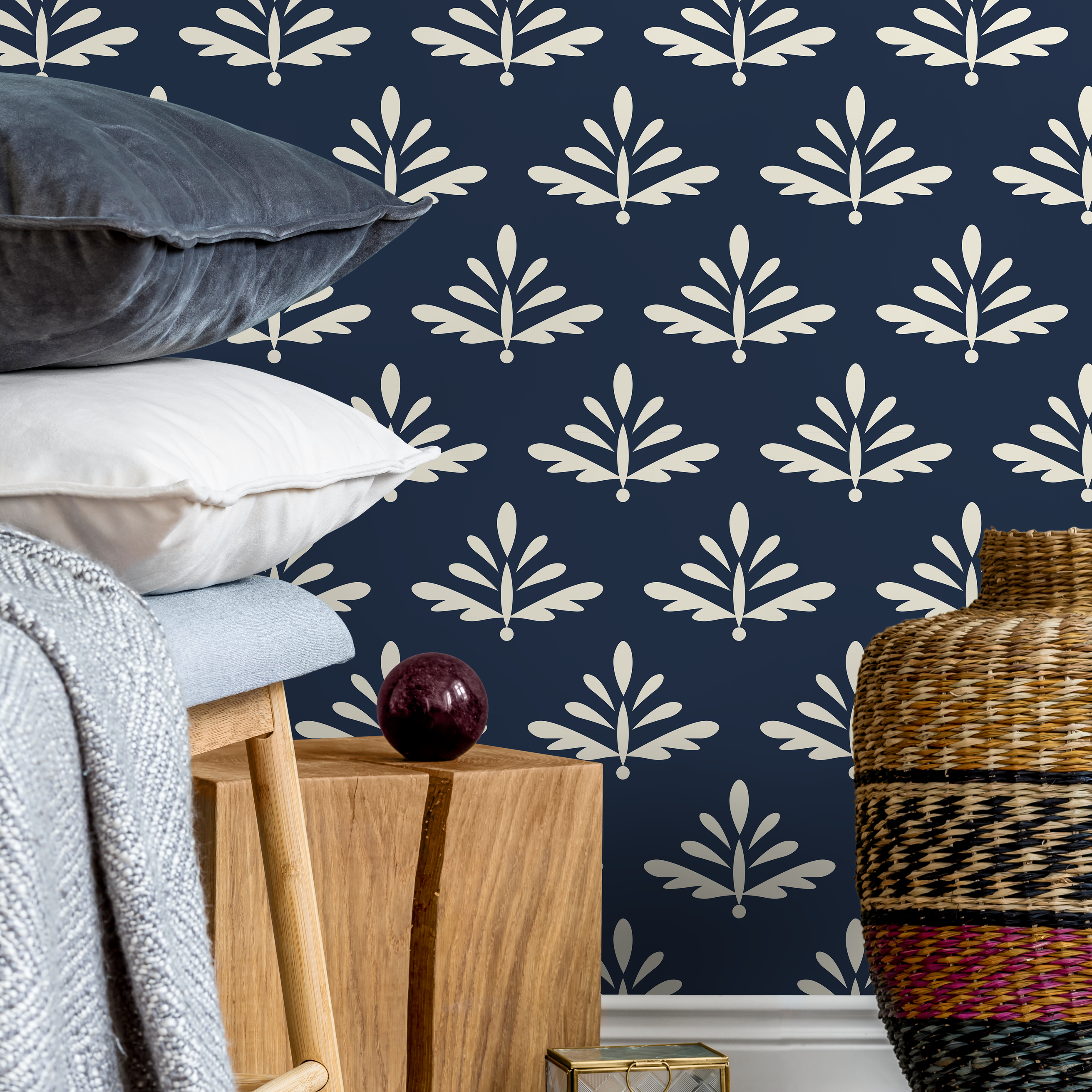 Botanical Wallpaper With A Stylized Foliage Motif In Navy Blue And Cream - A874
