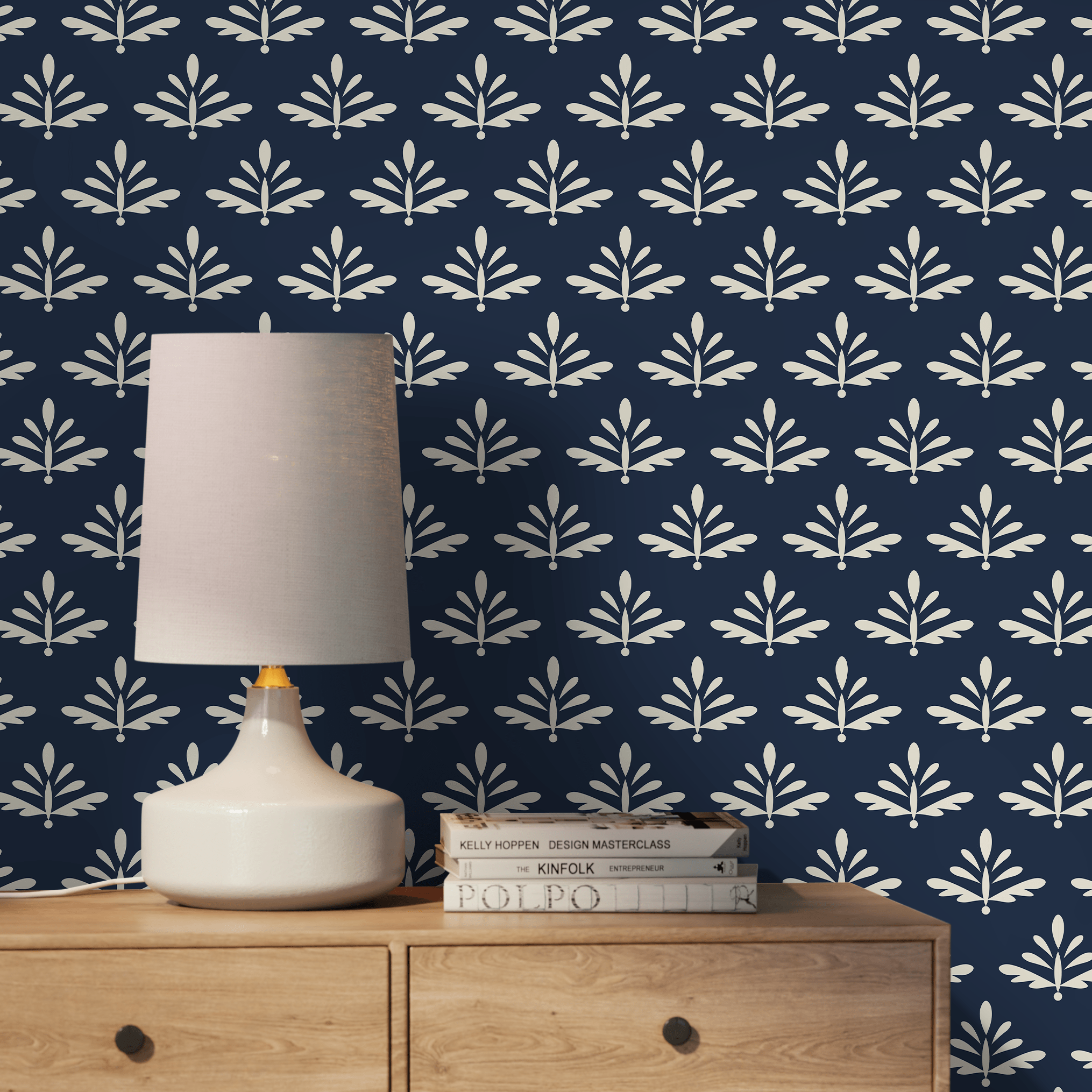 Botanical Wallpaper With A Stylized Foliage Motif In Navy Blue And Cream - A874