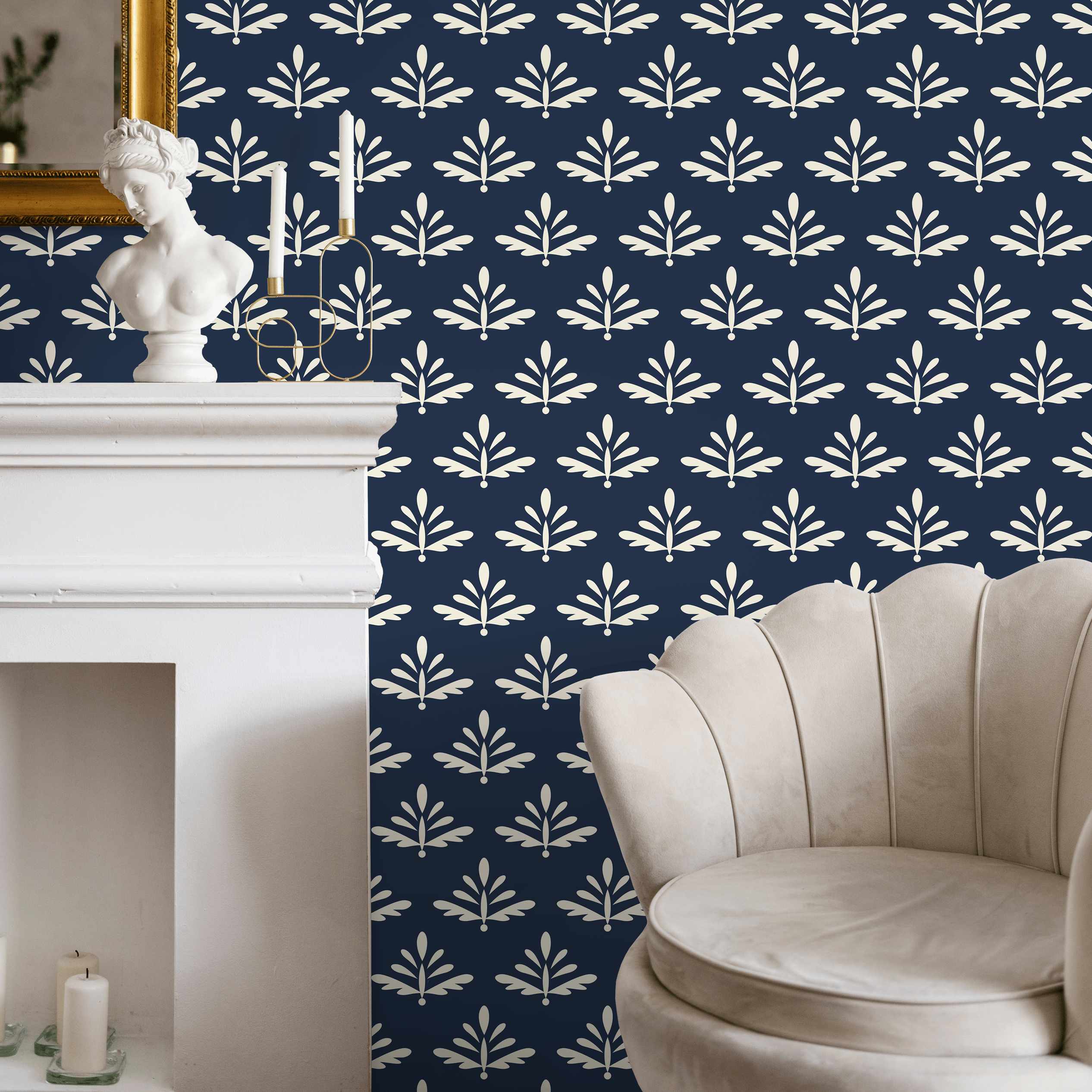 Botanical Wallpaper With A Stylized Foliage Motif In Navy Blue And Cream - A874
