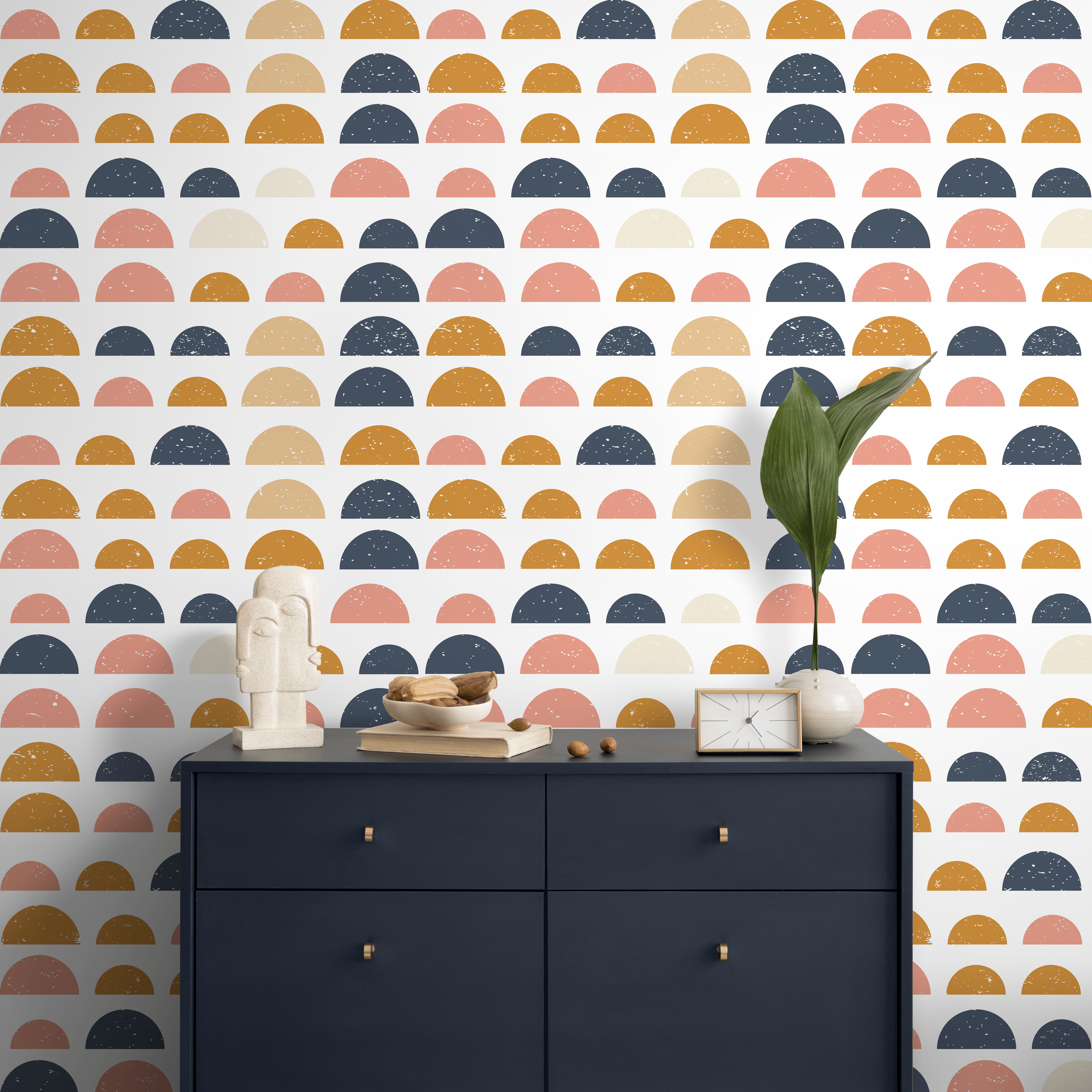 Geometric Wallpaper With Distressed Half Circles In Blue, Yellow, And Pink - A875