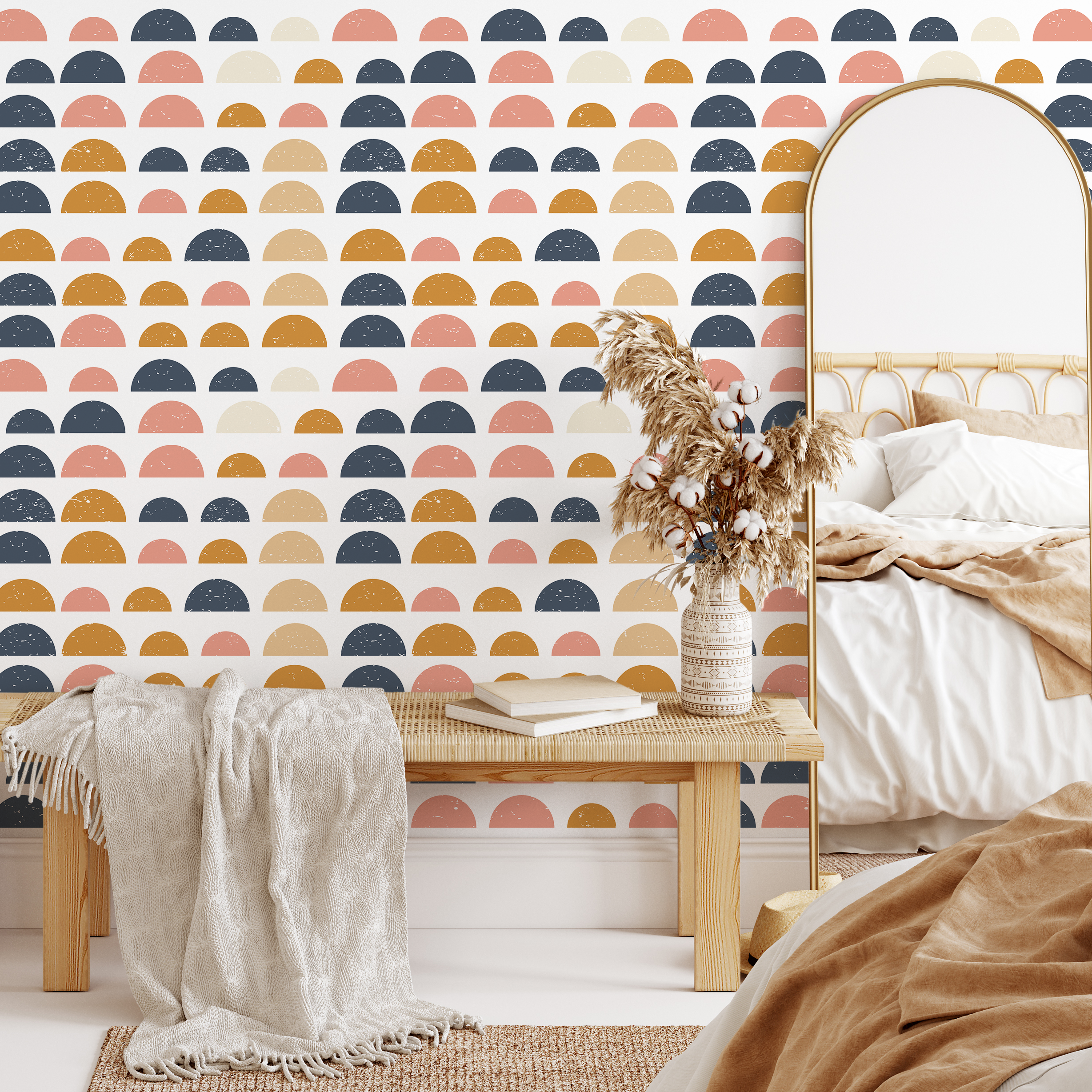 Geometric Wallpaper With Distressed Half Circles In Blue, Yellow, And Pink - A875
