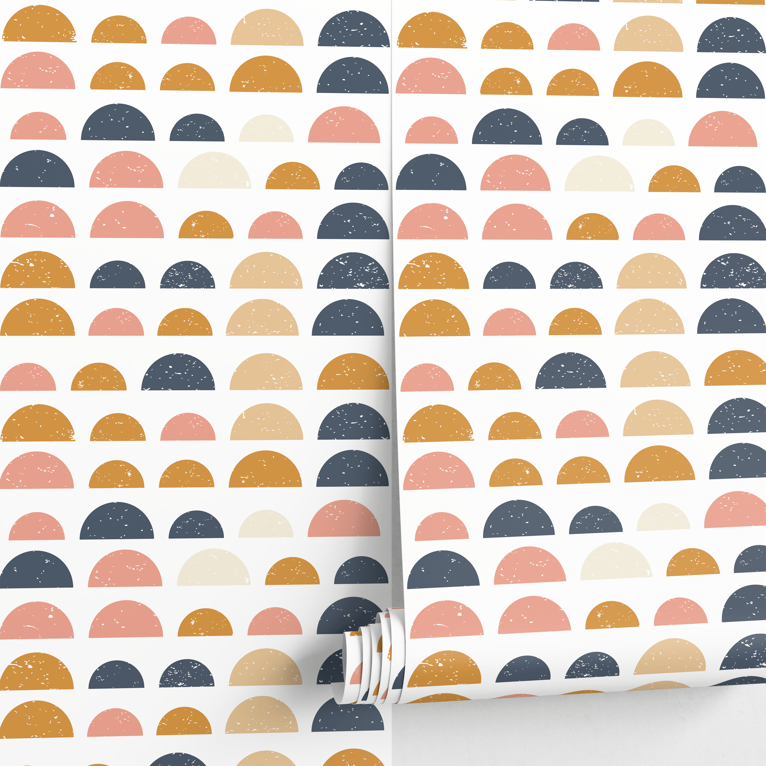 Geometric Wallpaper With Distressed Half Circles In Blue, Yellow, And Pink - A875