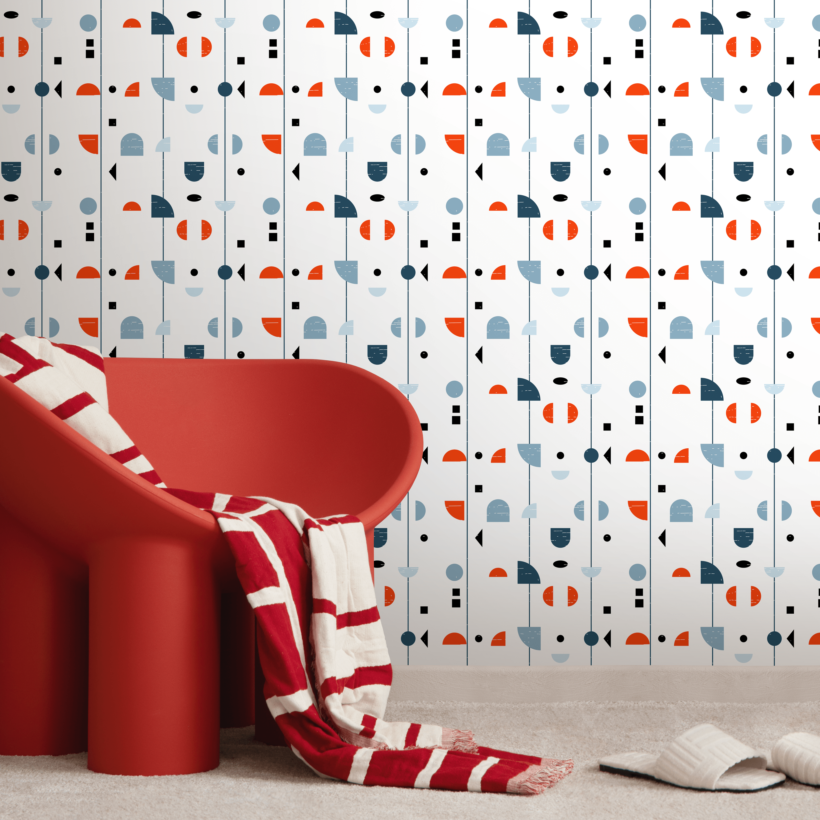 Geometric Wallpaper With Abstract Scandinavian Forms In Orange, Blue, And Black - A883