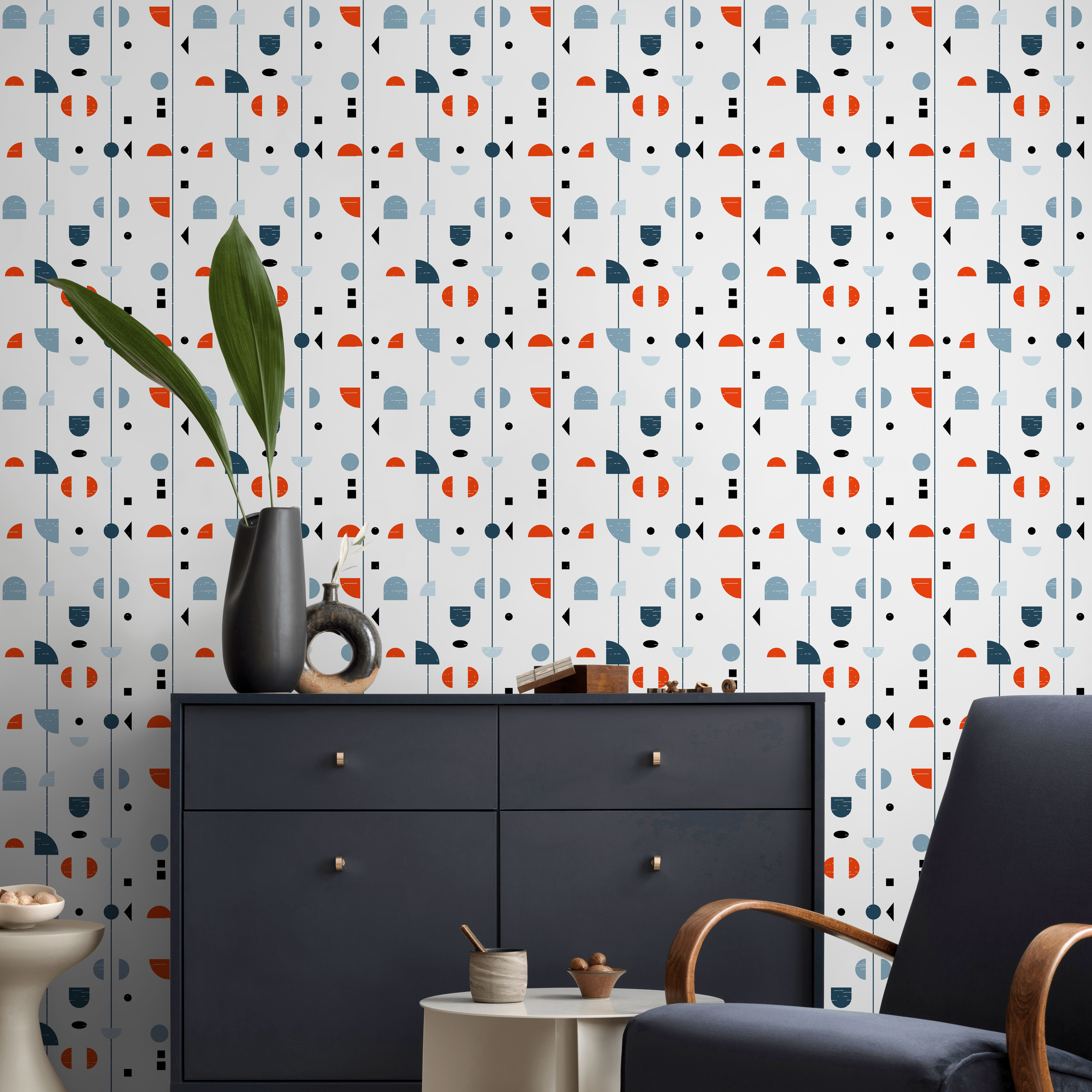 Geometric Wallpaper With Abstract Scandinavian Forms In Orange, Blue, And Black - A883