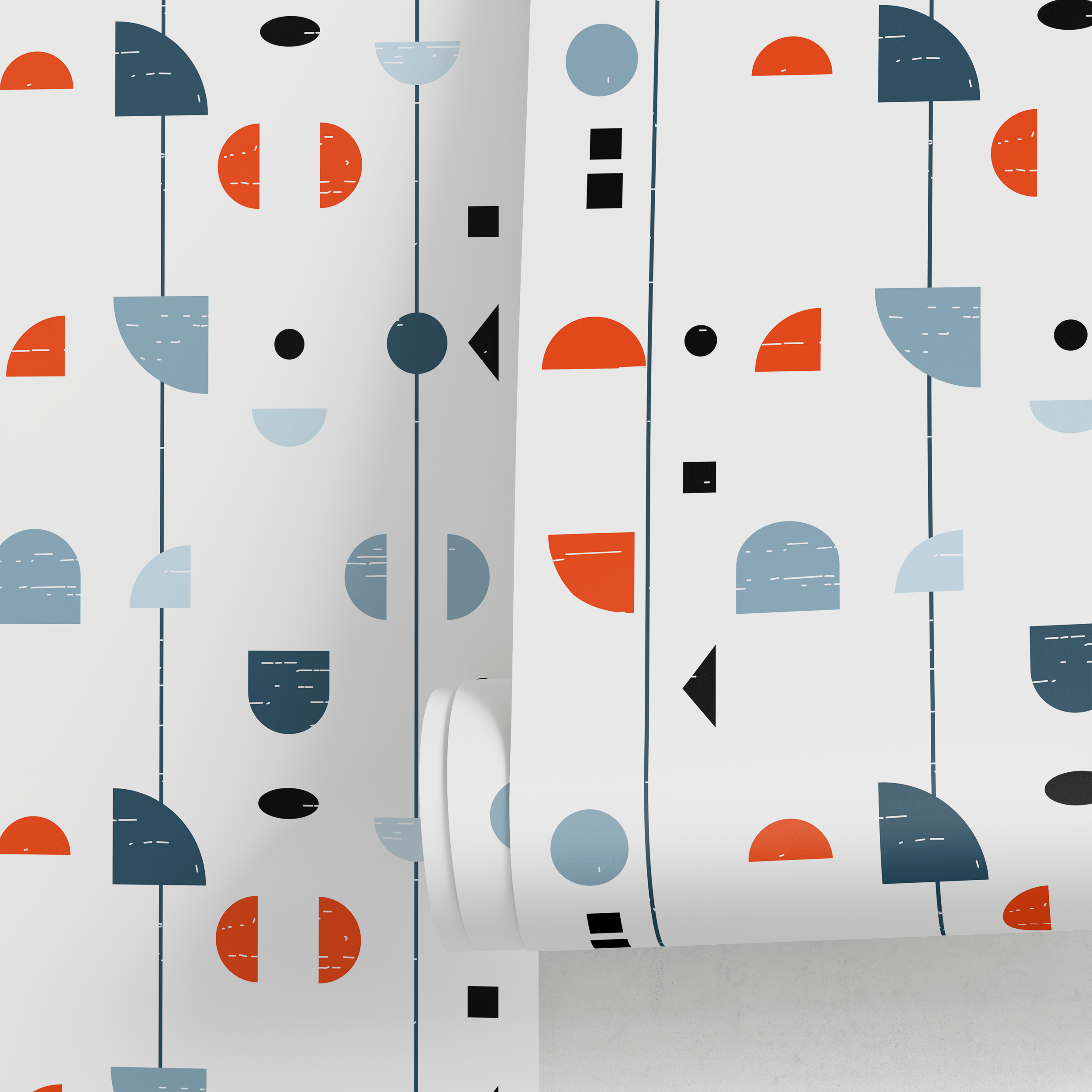 Geometric Wallpaper With Abstract Scandinavian Forms In Orange, Blue, And Black - A883