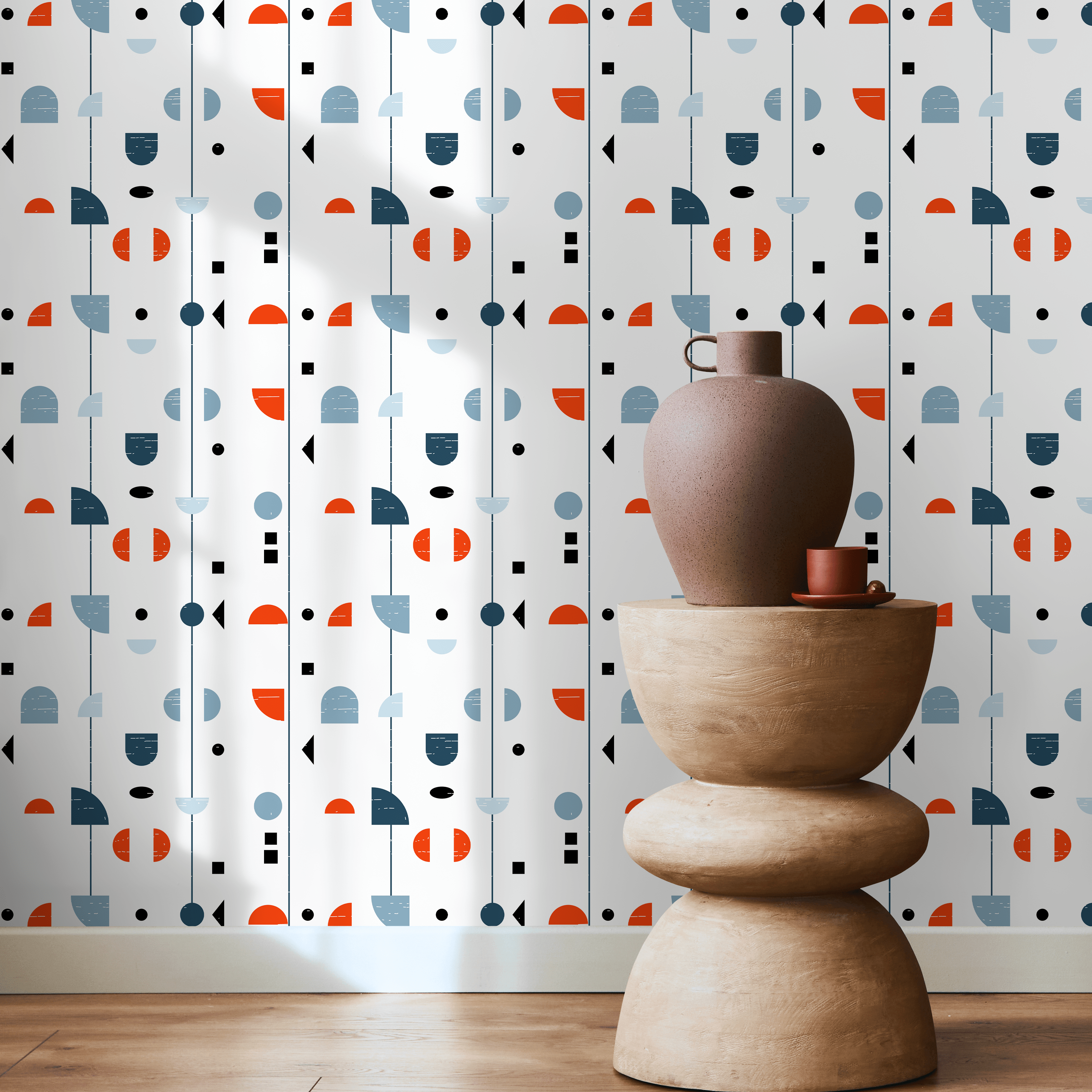 Geometric Wallpaper With Abstract Scandinavian Forms In Orange, Blue, And Black - A883