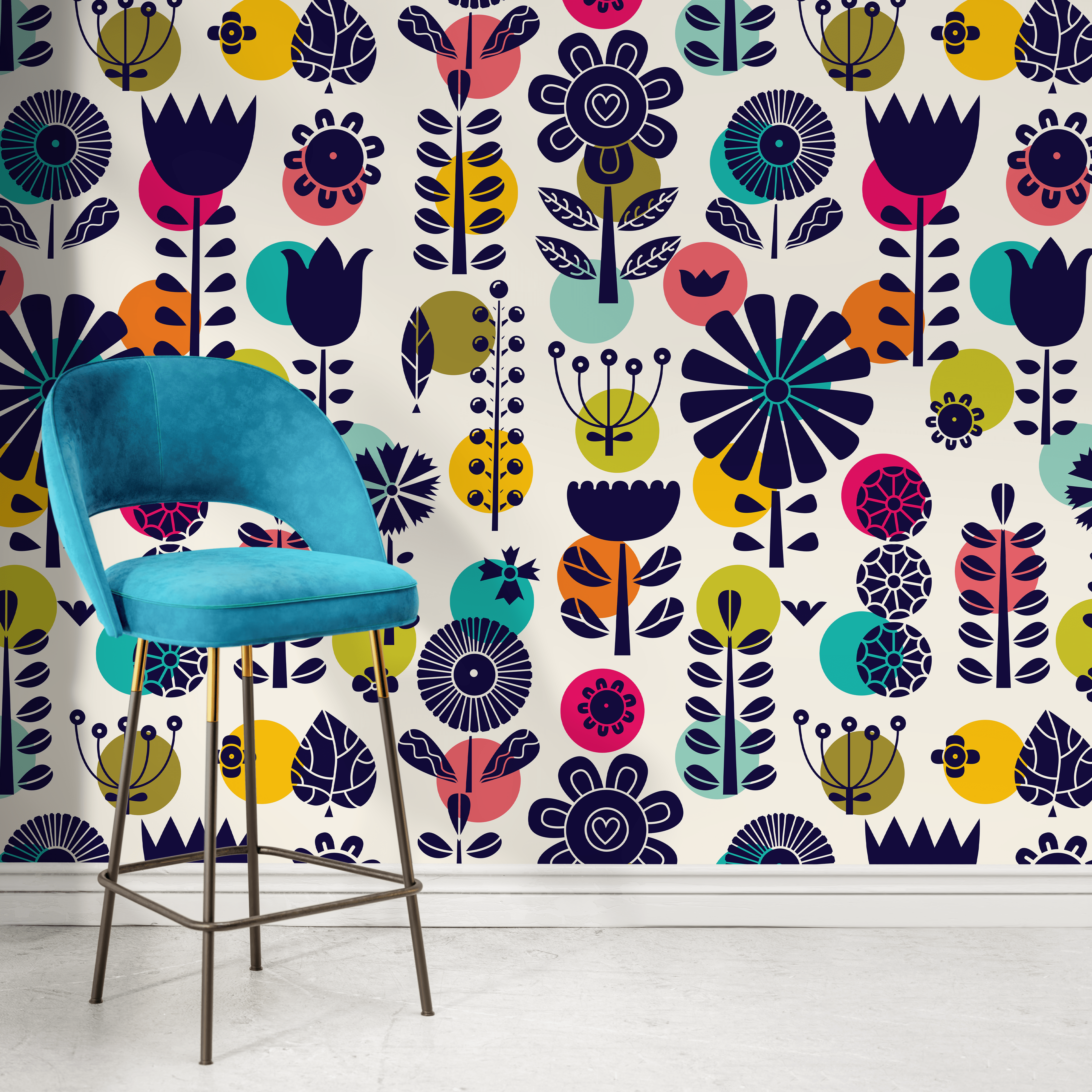 Scandinavian Floral Wallpaper With Bold Geometric Blooms In Navy Blue, Teal, And Yellow - A891