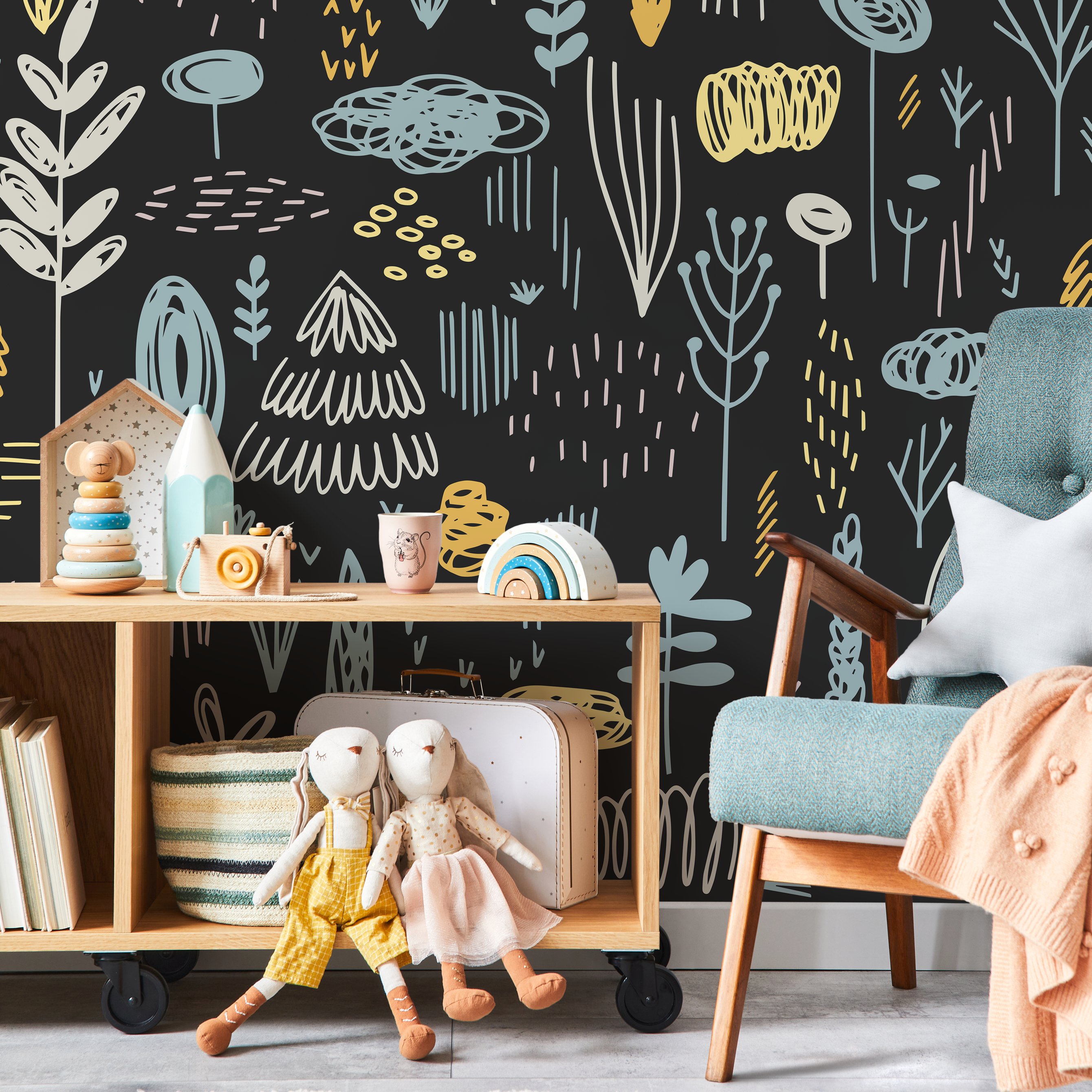 Scandinavian Wallpaper With A Nordic Woodland Motif In Black, Blue, And Yellow - A895