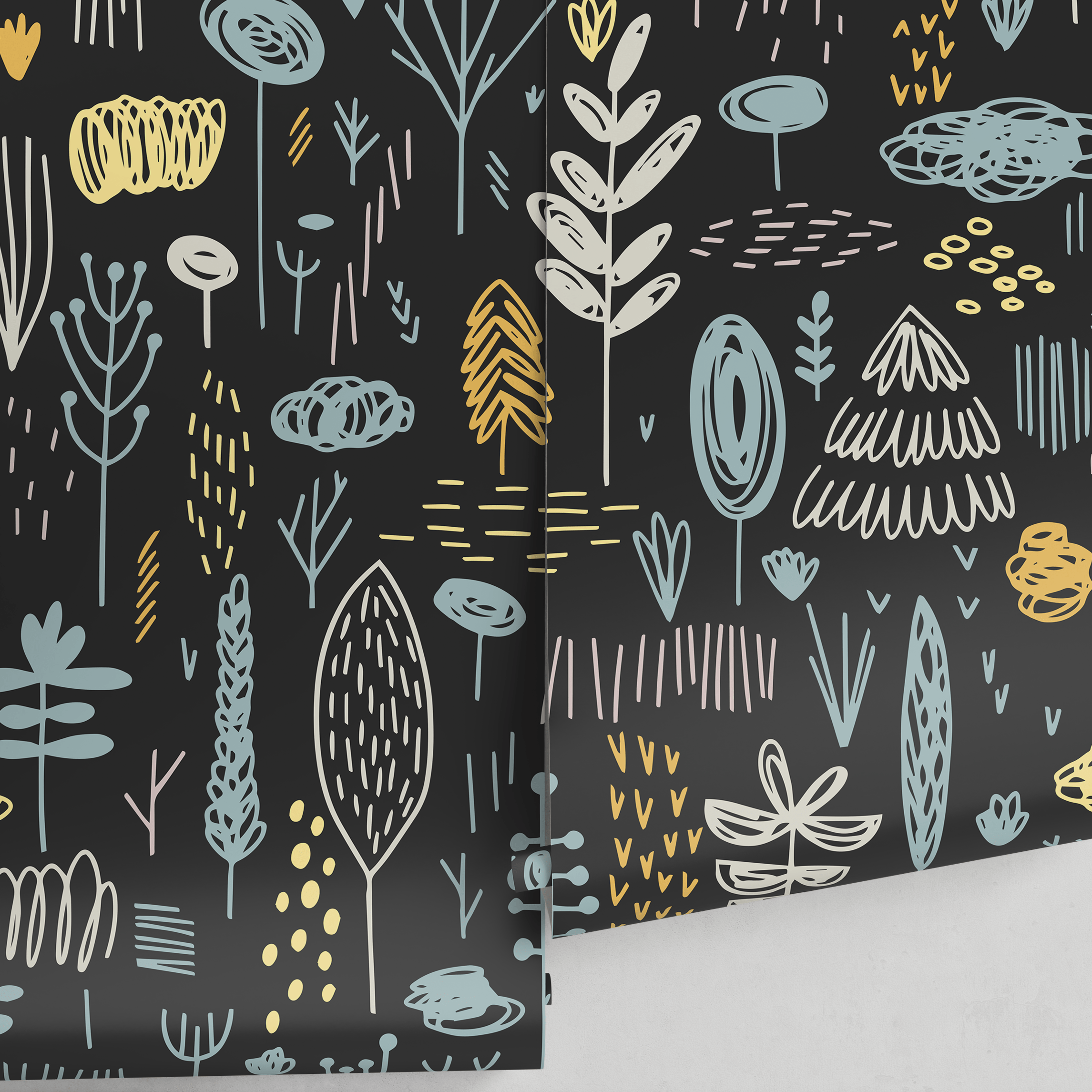 Scandinavian Wallpaper With A Nordic Woodland Motif In Black, Blue, And Yellow - A895