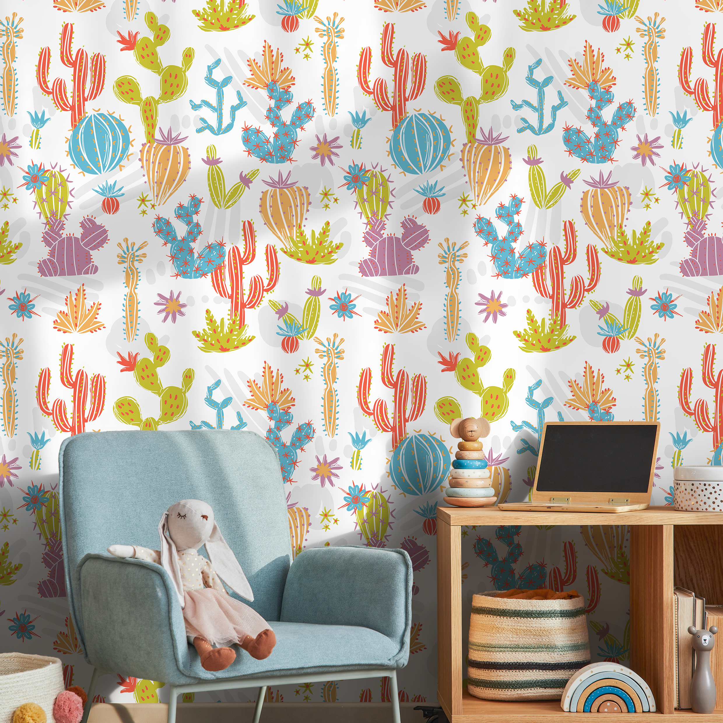 Kids Wallpaper Featuring Illustrated Cacti In Green, Blue, And Orange - A912