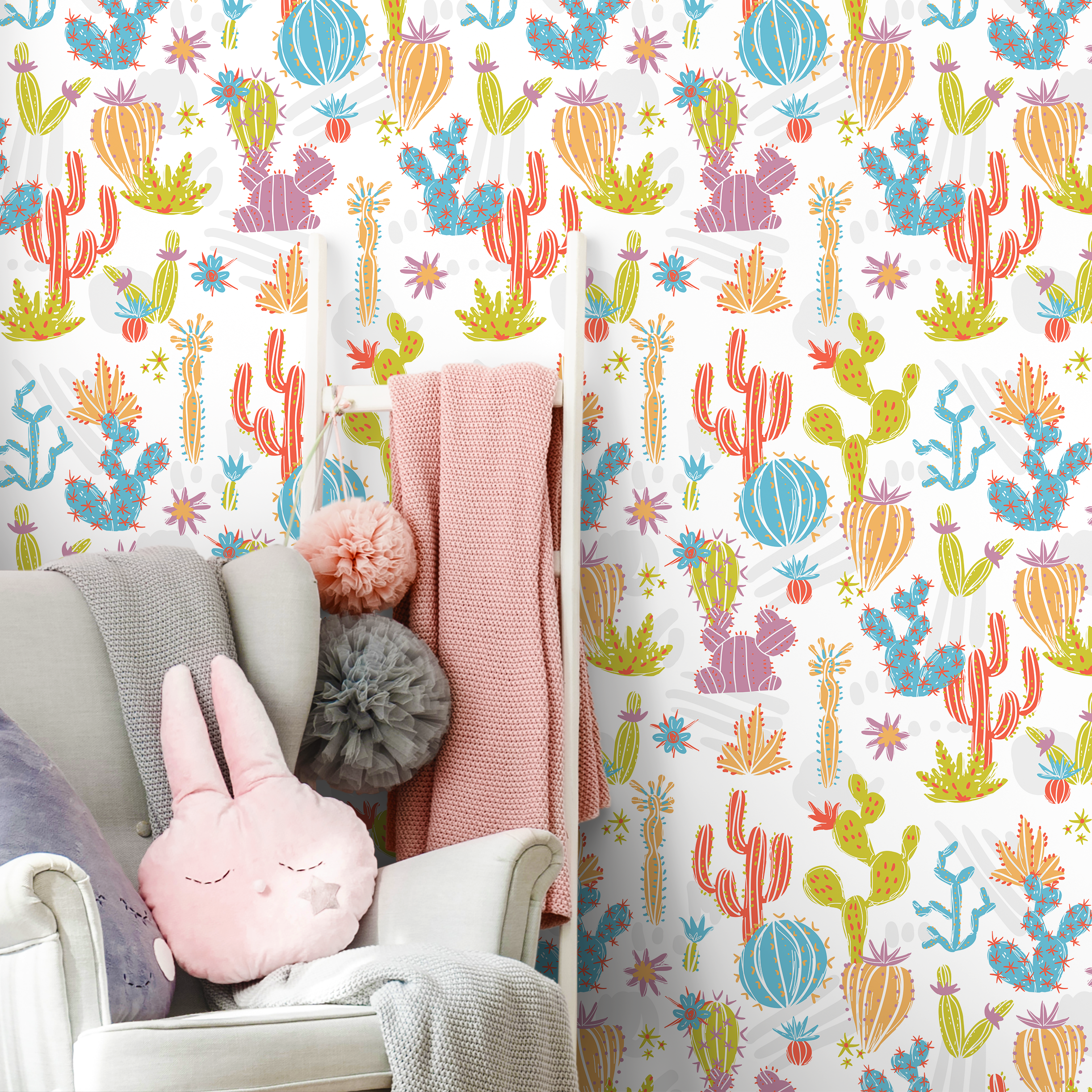Kids Wallpaper Featuring Illustrated Cacti In Green, Blue, And Orange - A912