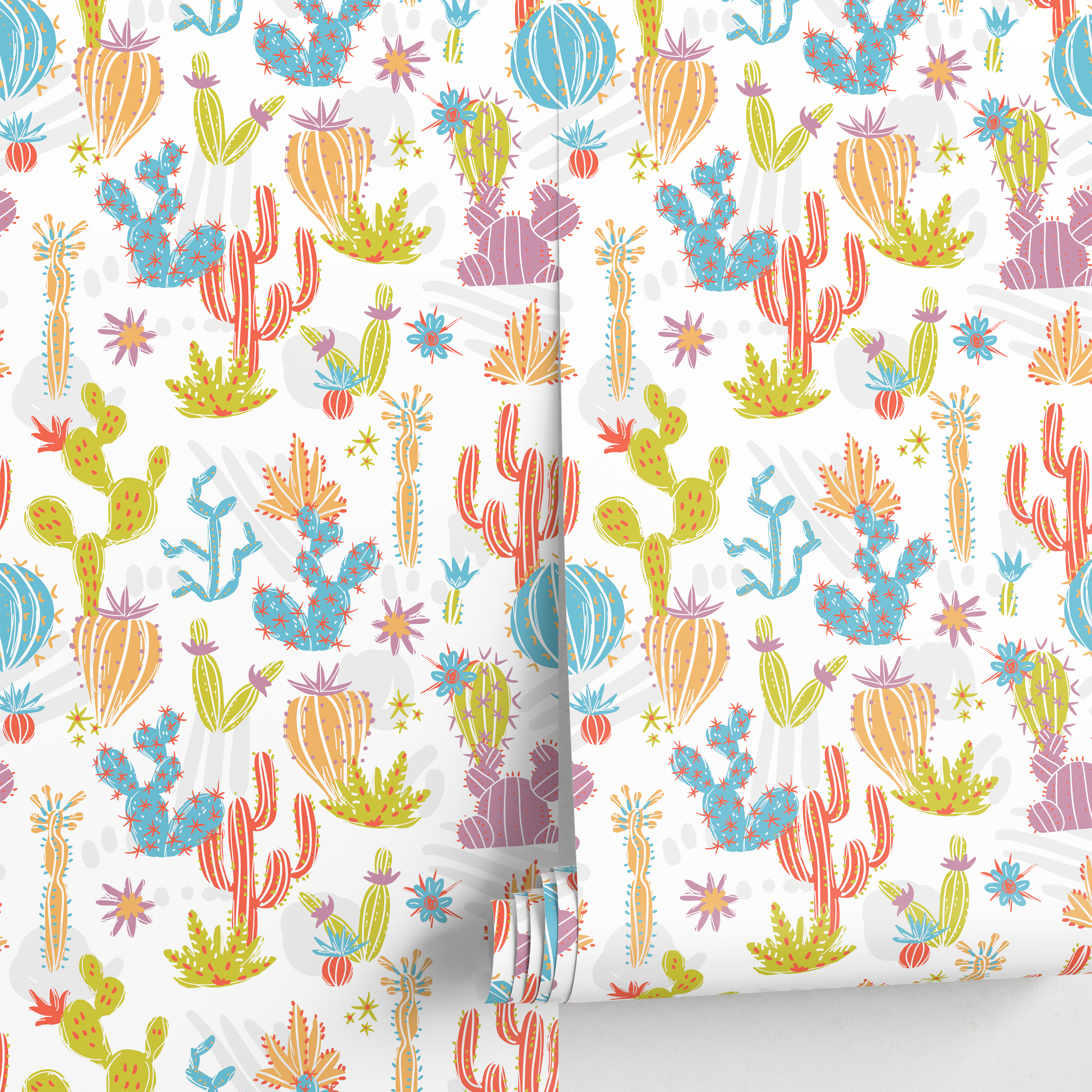 Kids Wallpaper Featuring Illustrated Cacti In Green, Blue, And Orange - A912